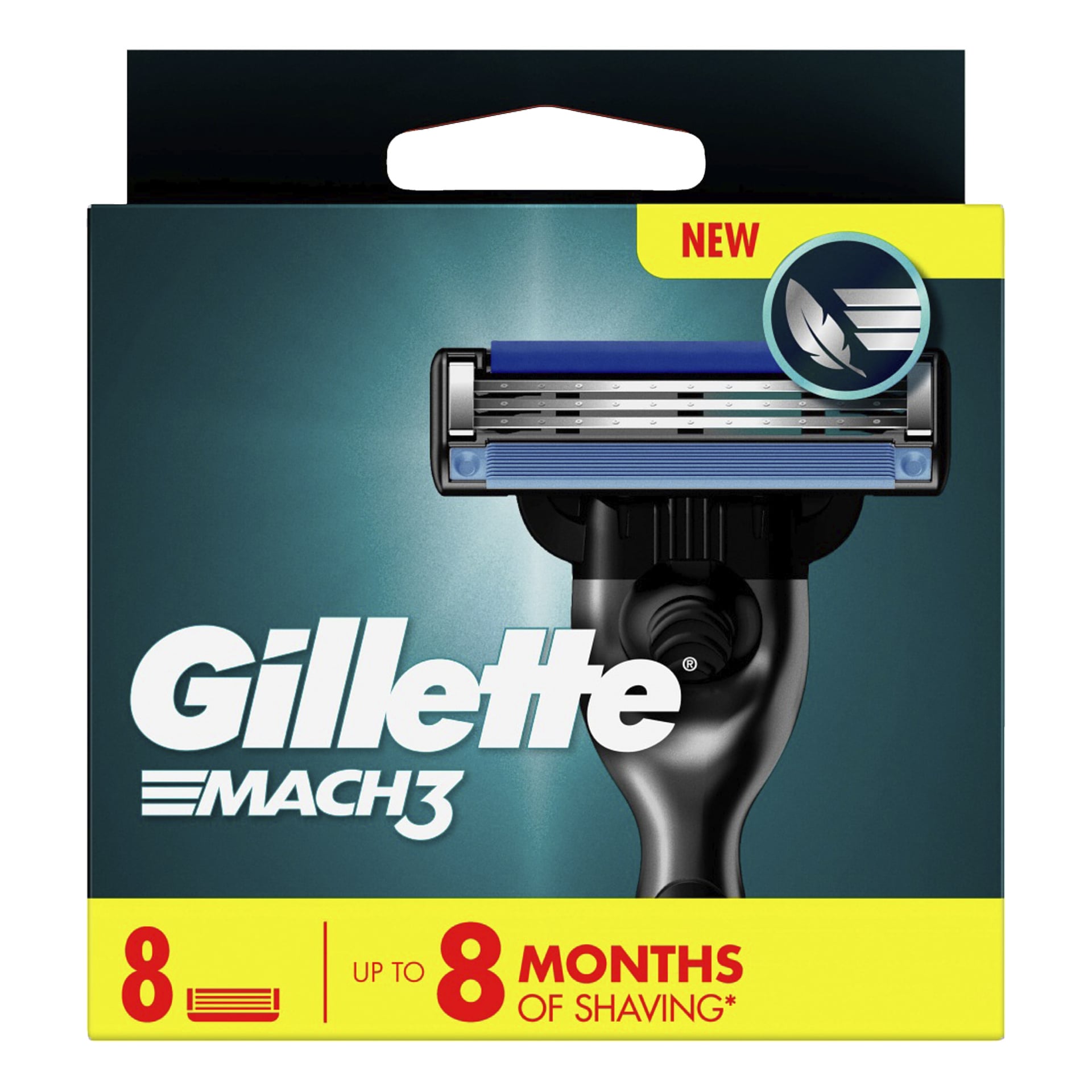 En Gillette Mach3 refillförpackning för rakblad med 8 patroner, med text som anger upp till 8 månaders rakning och en NEW-etikett i det övre högra hörnet. Förpackningen är mestadels svart och gul.