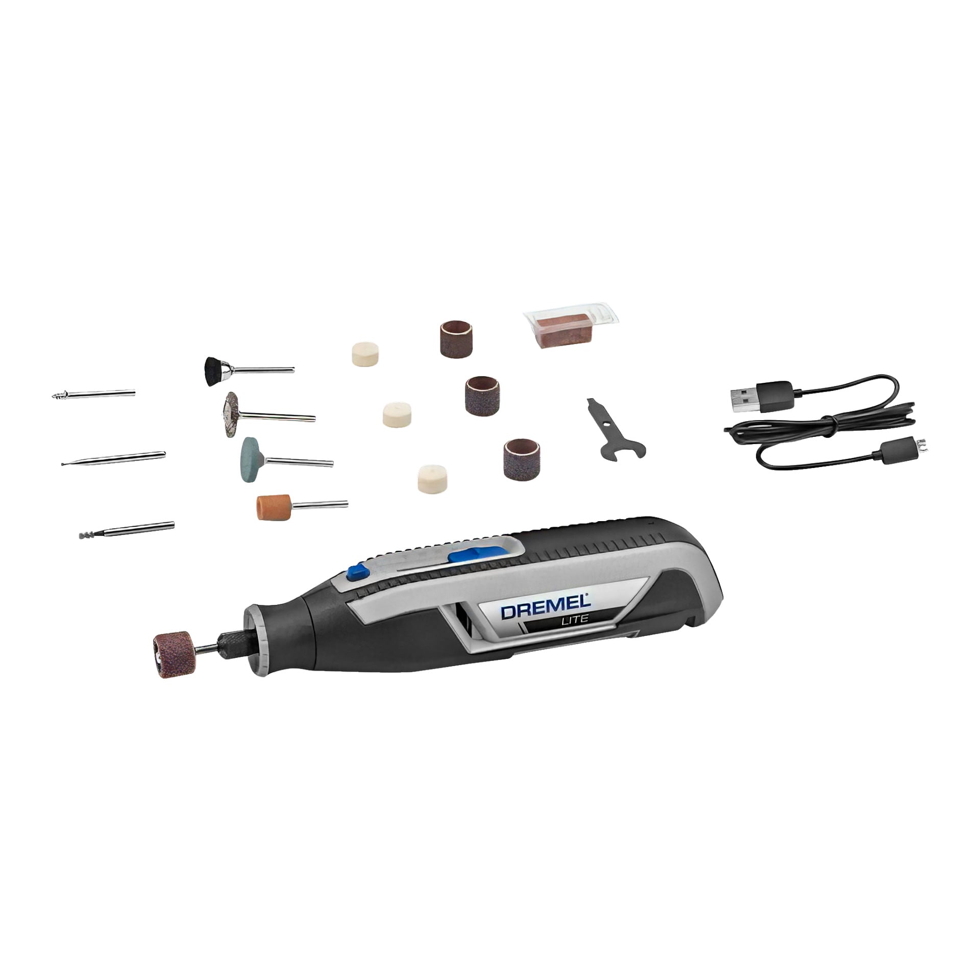 Ett Dremel Lite 7760-15 roterande verktygskit, inklusive huvudverktyget, olika slip- och sliptillbehör, en skiftnyckel, en kompakt USB-laddningskabel och en filtplatta, allt organiserat snyggt tillsammans.