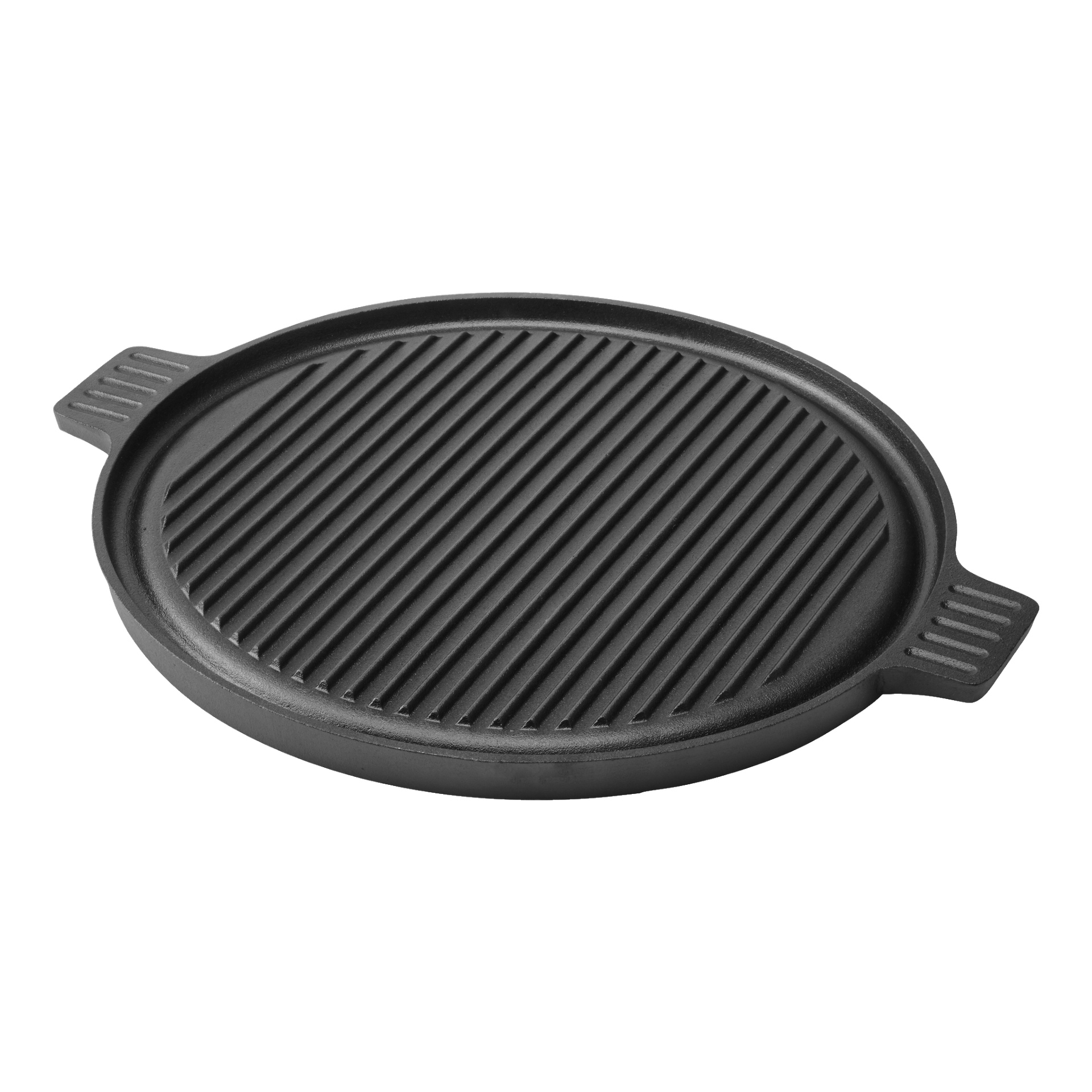 Okrągła, żeliwna płyta grillowa Burns & Barkles BBQ z podniesionymi żłobkami i uchwytami po obu stronach, widziana z góry.