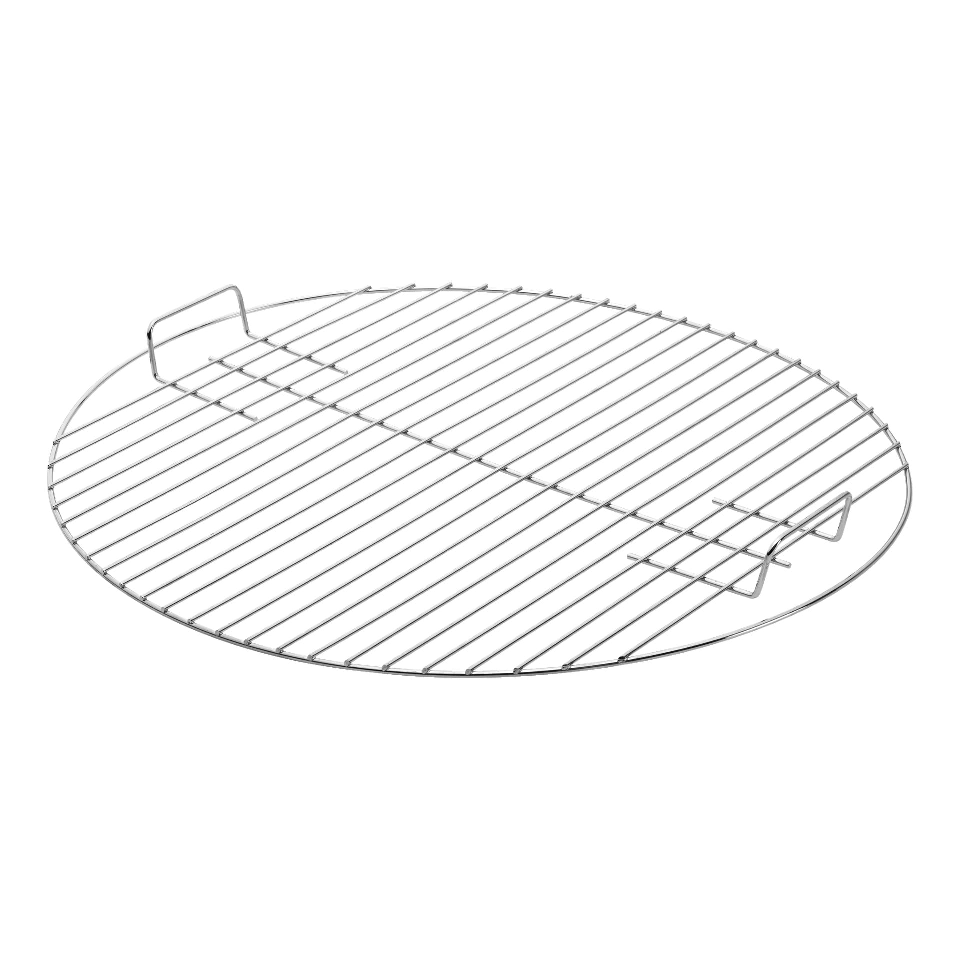 Burns & Barkles BBQ Grill Grid har en sirkulær metallform med jevnt fordelte parallelle stenger og to forhøyede håndtak, noe som gjør den perfekt for grilling eller ovnsbruk.