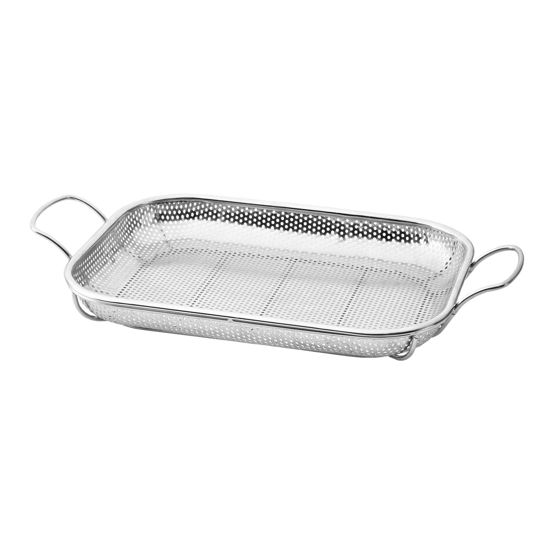 En rostfri stålpanna från Burns & Barkles i rektangulär form, med hål överallt och stadiga handtag på vardera sidan, lämplig för grillning eller silning av mat.