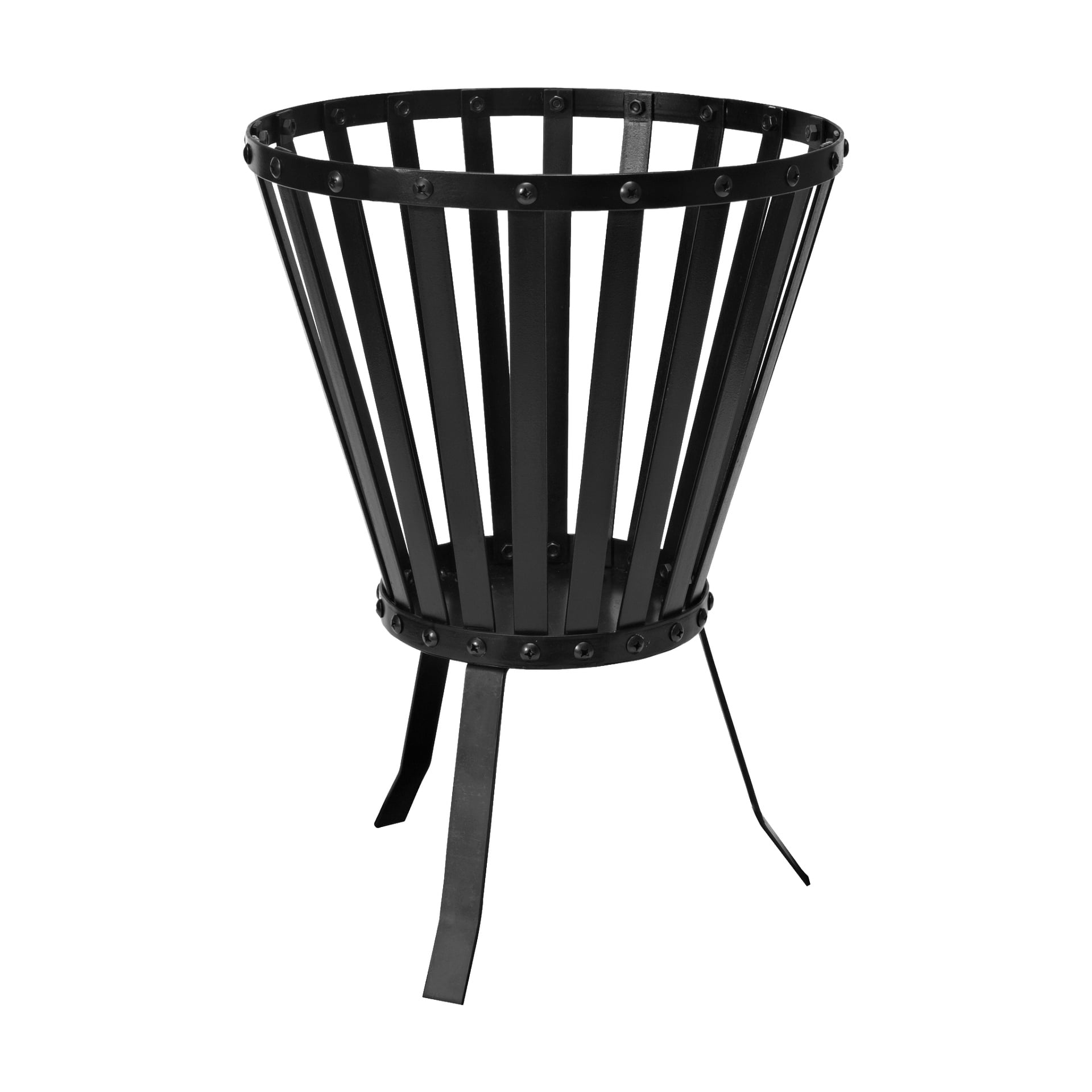 Burns & Barkles Fire Basket visar upp en slank svart metallkonstruktion med vertikala ribbor och tre solida ben. Den öppna konstruktionen avslöjar springor mellan ribborna, och bultar som fäster dem vid cirkulära metallringar upptill och ner är tydligt synliga.