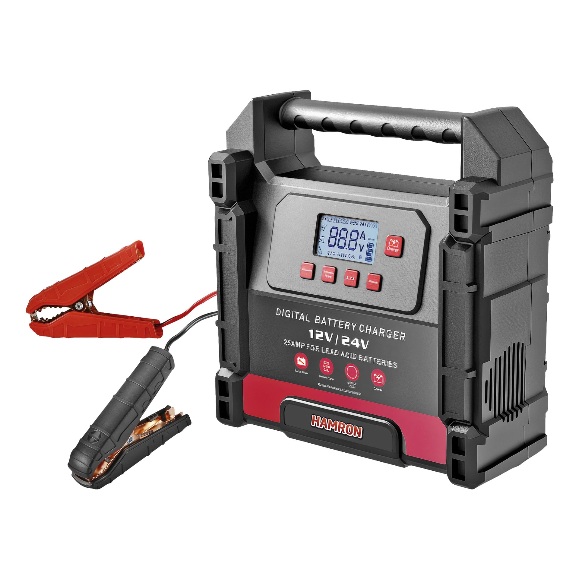 En Hamron-batteriladdare designad för 12V och 24V blybatterier visas. Den har en displayskärm, flera kontrollknappar och är utrustad med en röd och en svart alligatorklämma. Hamron-namnet kan ses på enheten.