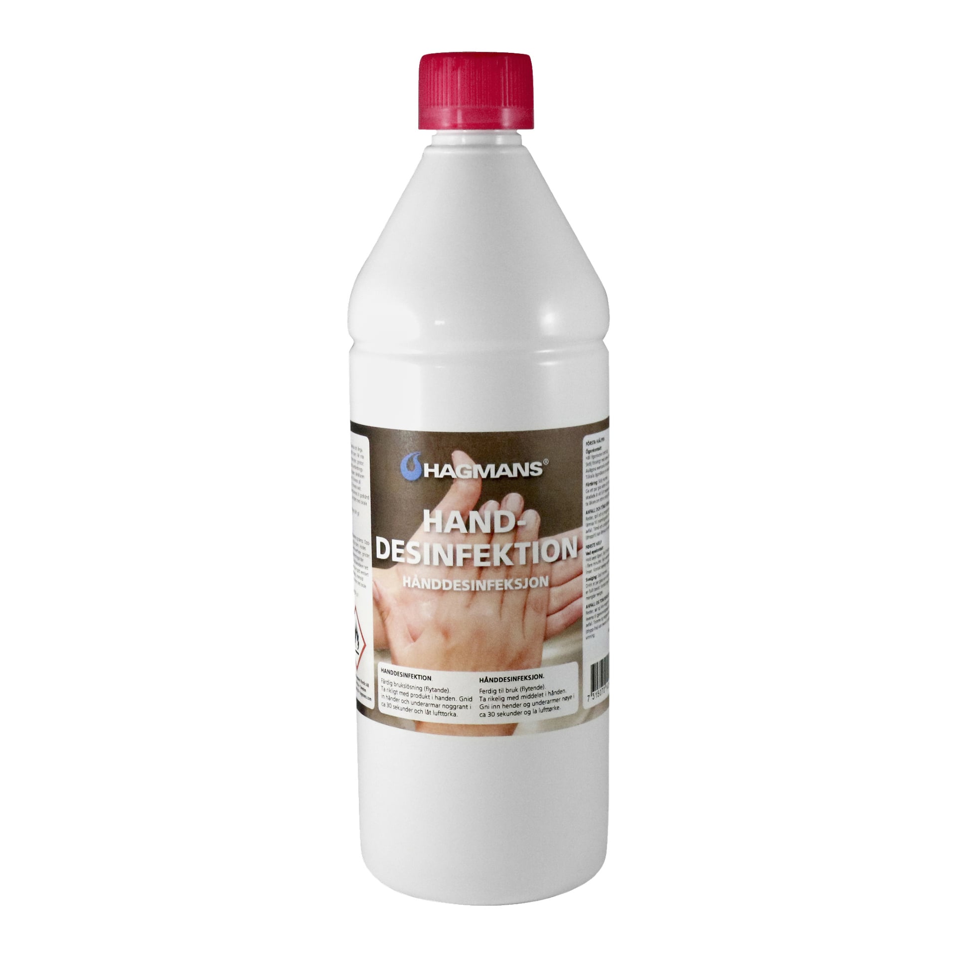 En vit plastflaska med röd kork, märkt "Hagmans handsprit", med en bild av händer och användningsanvisningar på framsidan.