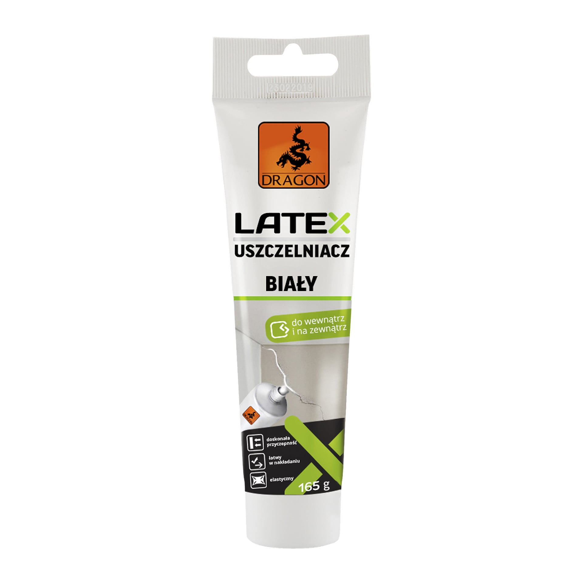 Biała tuba oznaczona "Dragon Latex Sealant" przedstawia grafikę pokazującą, że można go używać zarówno wewnątrz, jak i na zewnątrz oraz do naprawy pęknięć, o masie netto 165 g. Górna część rurki ma logo smoka z symbolem smoka.