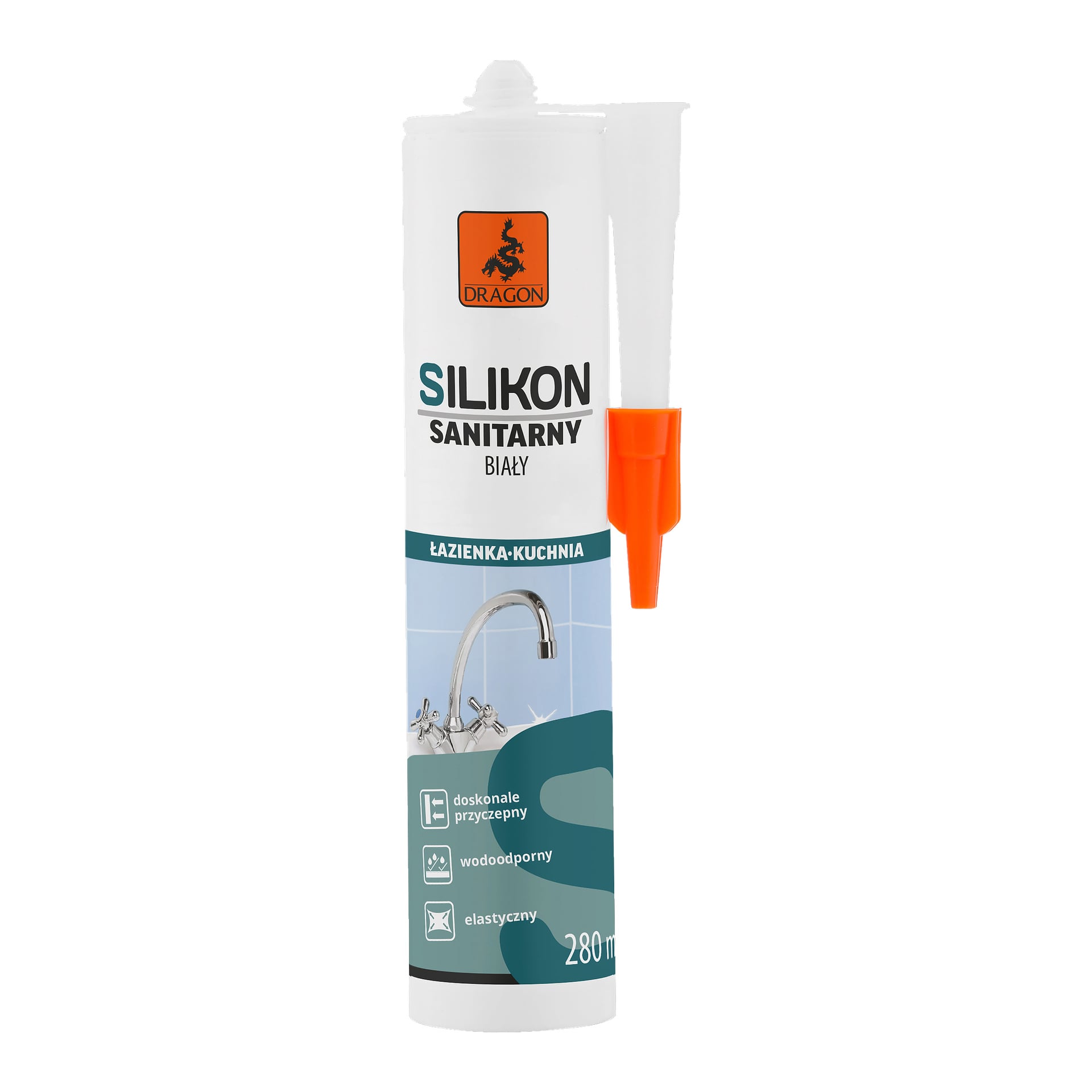 Biała tubka silikonu sanitarnego Dragon o pojemności 280 ml z pomarańczową dyszą, oznaczona do użytku w łazienkach i kuchniach. Opakowanie podkreśla jego wodoodporność, elastyczność i silną przyczepność.