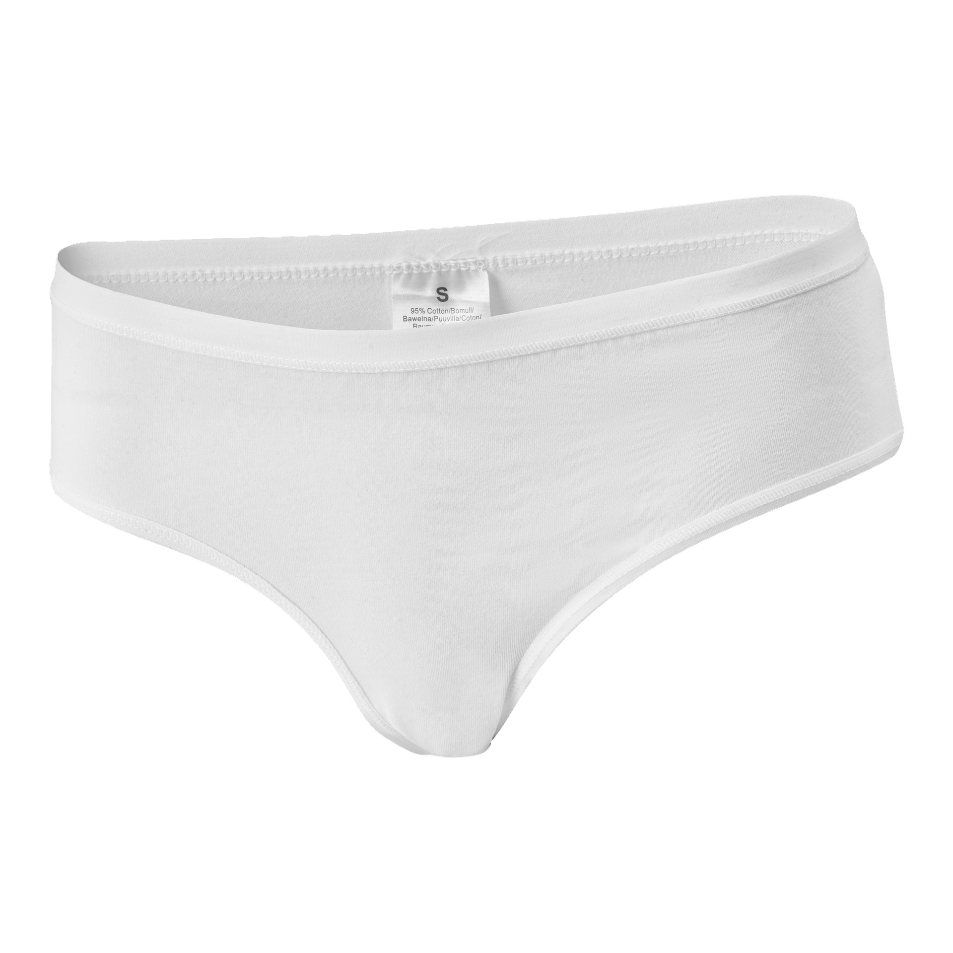 Ein Paar schlichte weiße Bikini-Unterwäsche von Bluewear's Panties 3er, Größe S, mit einem sichtbaren Etikett, das die Materialinformationen angab.