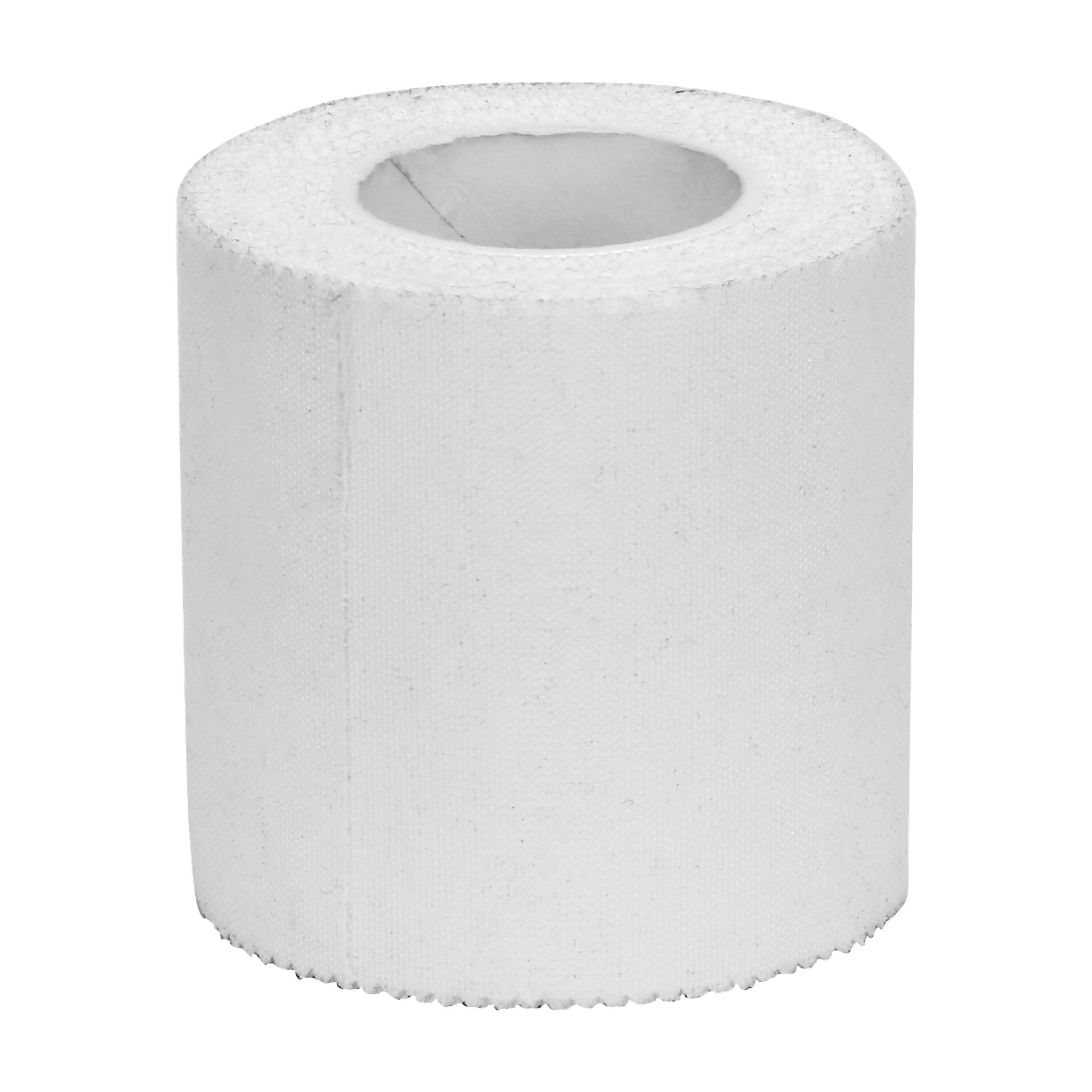 En enda rulle Bluewear Sports bandtejp står upprätt. Den vita tejpen har en texturerad yta och ett ihåligt centrum.