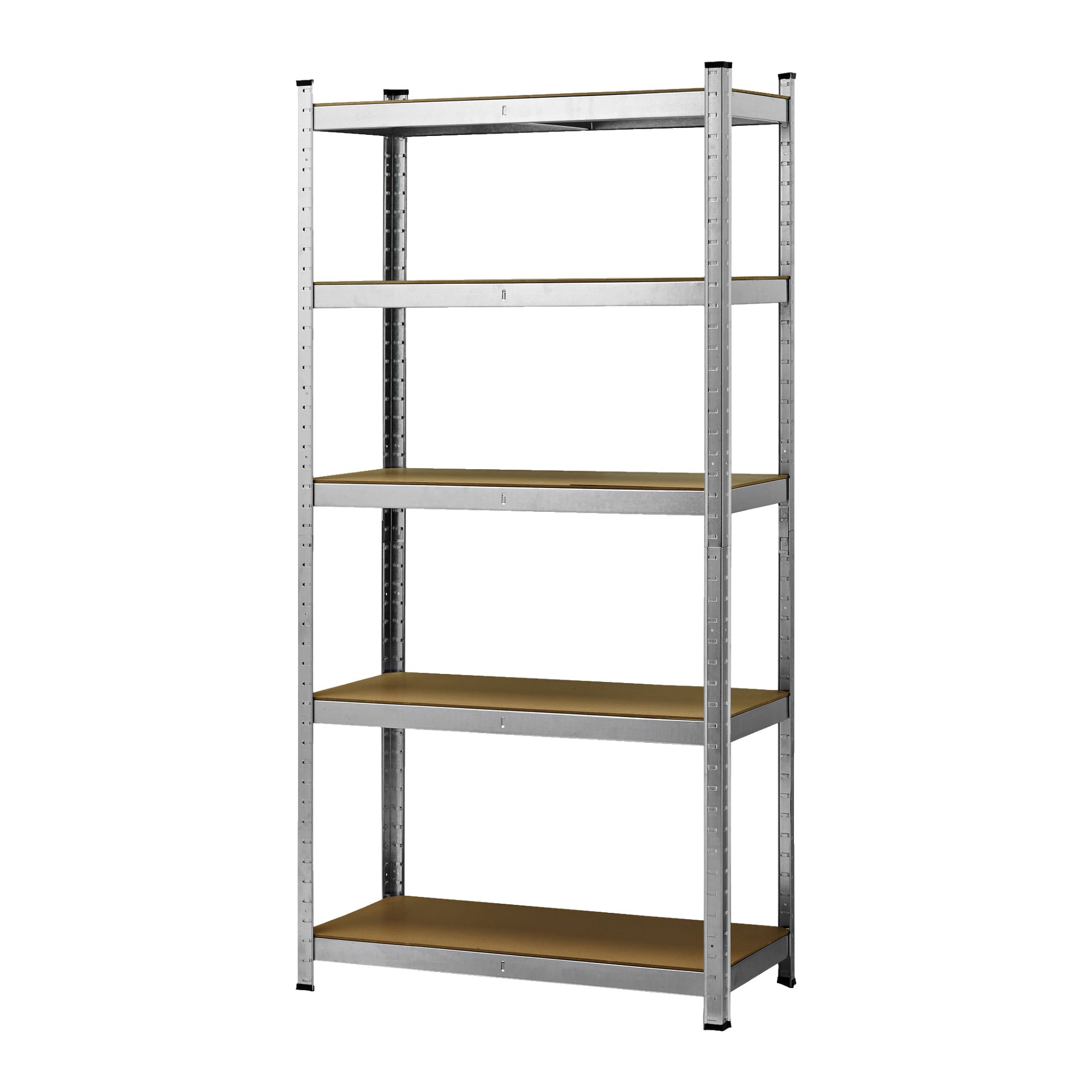 Hard Head Storage-hyllan är en fristående enhet med en slank metallisk silverram och fem platta, rektangulära trähyllor som är jämnt placerade. Den är utformad för att hjälpa till att organisera eller förvara olika saker.
