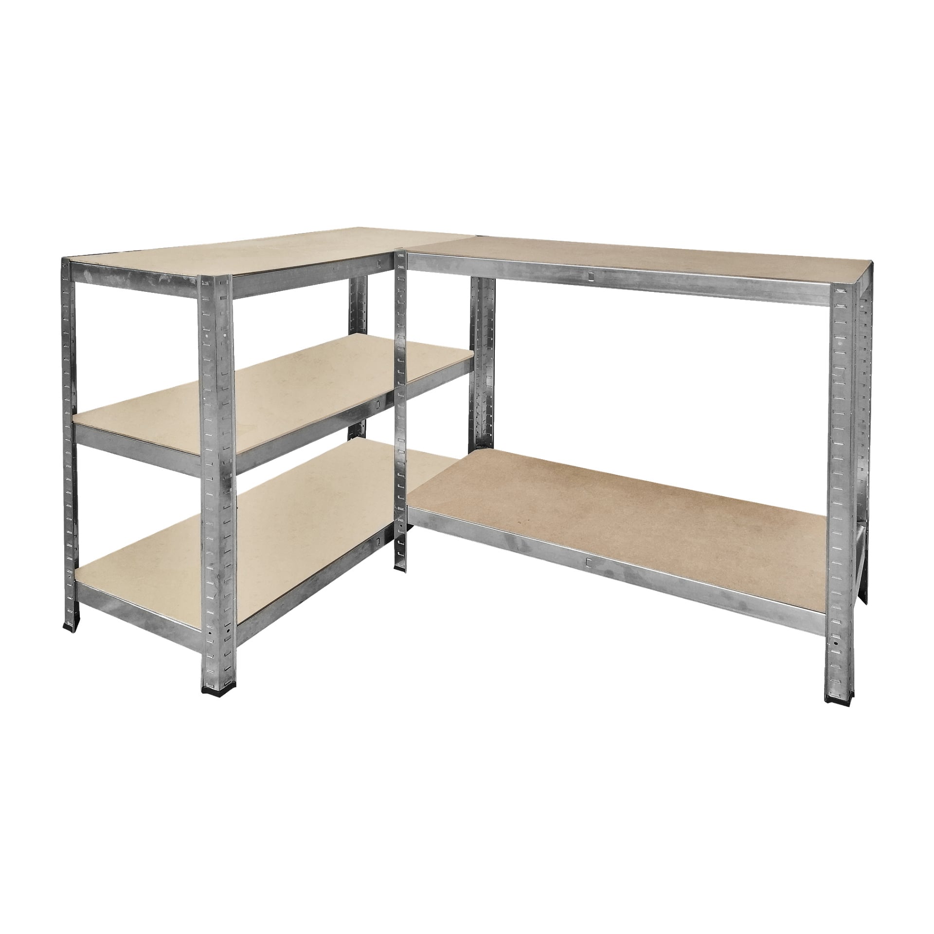 Två Hard Head Storage-hyllor med metallramar är arrangerade i en L-form. Hyllan till vänster har tre trähyllor, medan enheten till höger har en hylla i trä. Båda har synliga metallstöd och är tomma.