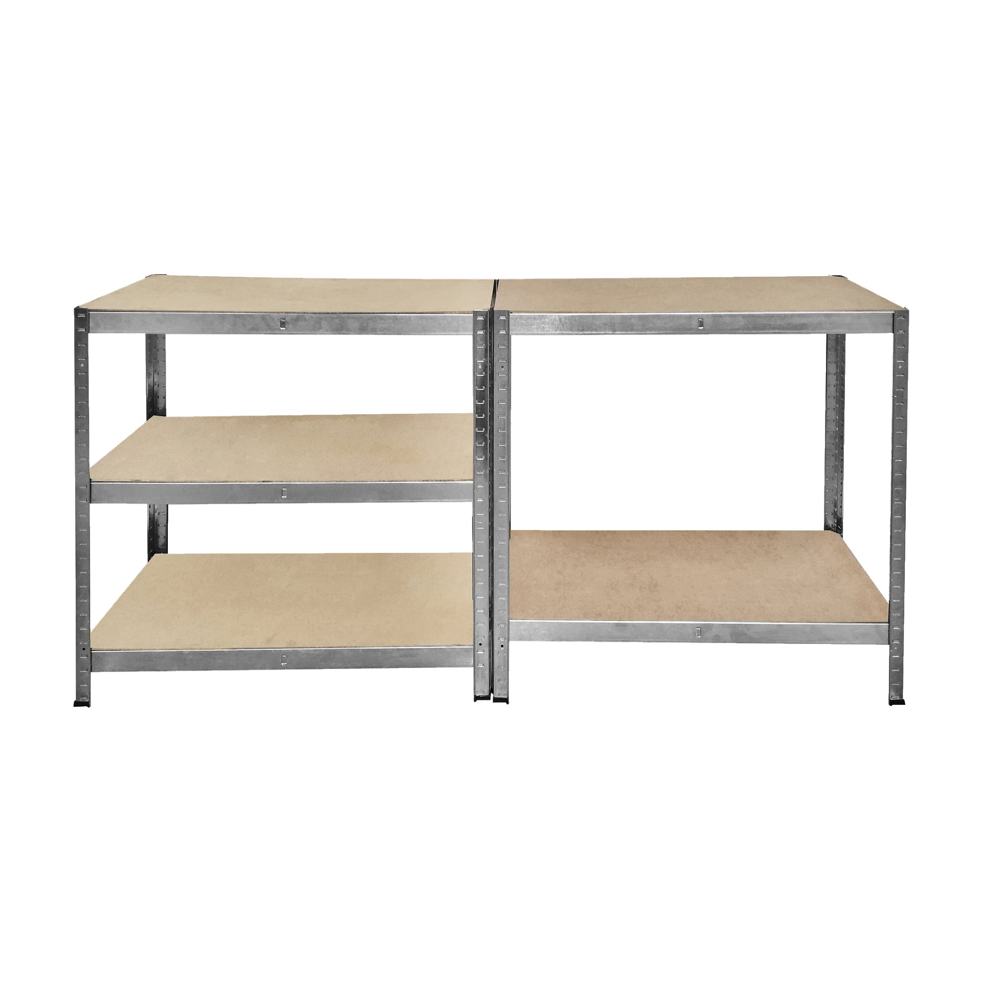 Två hyllor från Hard Head Storage står bredvid varandra. Den vänstra enheten har tre trähyllor, medan den högra enheten har en enda stor trähylla. Båda har en enkel industriell stil.