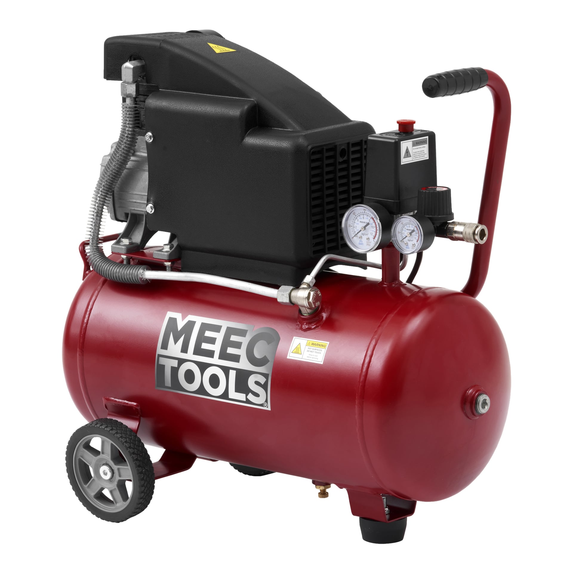En rød Meec Tools-kompressor med svart motorhus, to trykkmålere, et håndtak, hjul og logoen MEEC TOOLS på tanken.