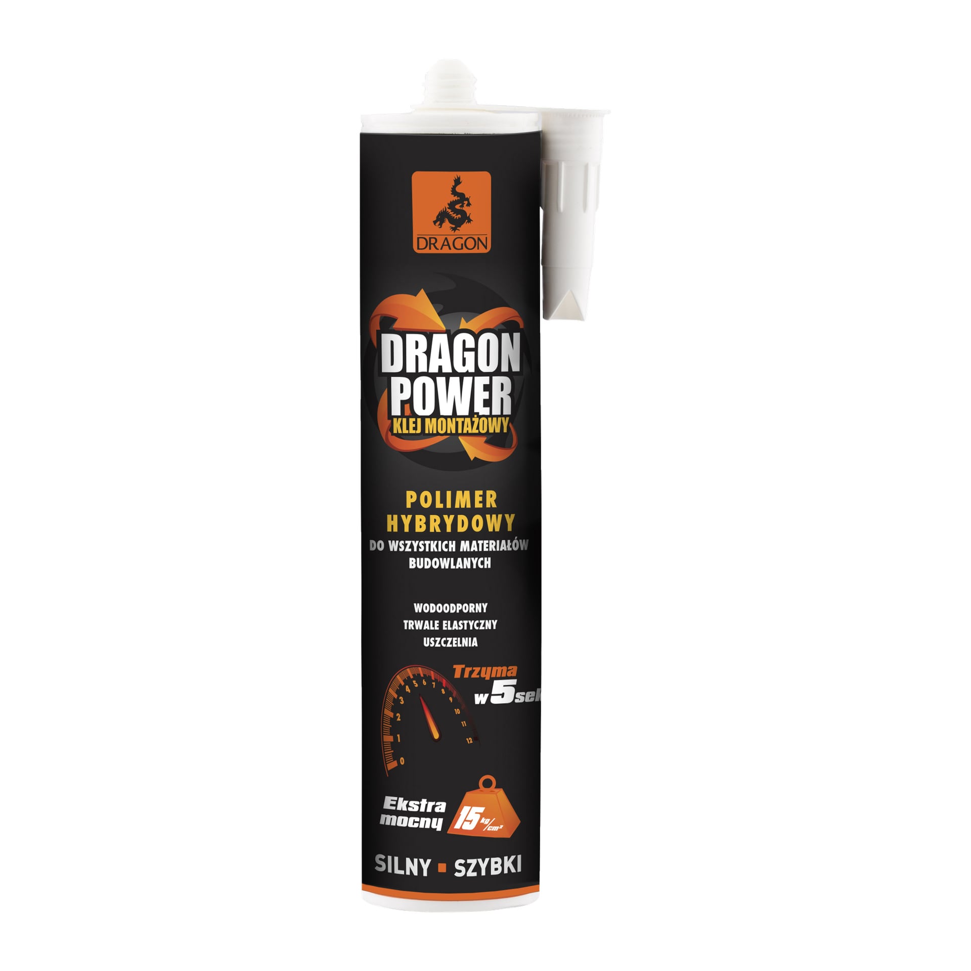 Tubka kleju Dragon Construction Adhesive POWER HYBRID POLYMER z wyraźnym pomarańczowo-białym brandingiem na czarnym tle, prezentująca wyróżnione cechy, takie jak wytrzymałość, szybkość i wodoodporność.