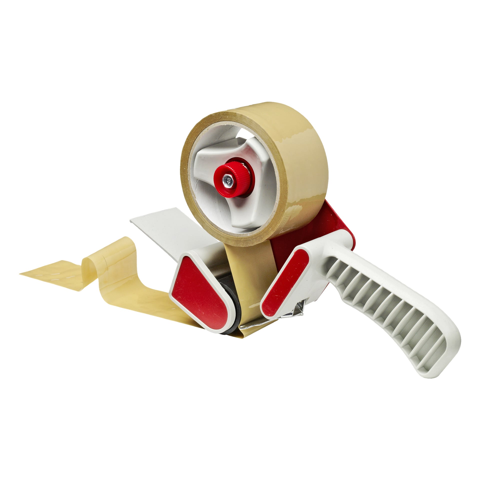 En Hard Head Tape-dispenser med vitt och rött handtag håller en rulle transparent brun tejp, som visar en del tejp som dragits ut och metallskärkanten tydligt synlig.
