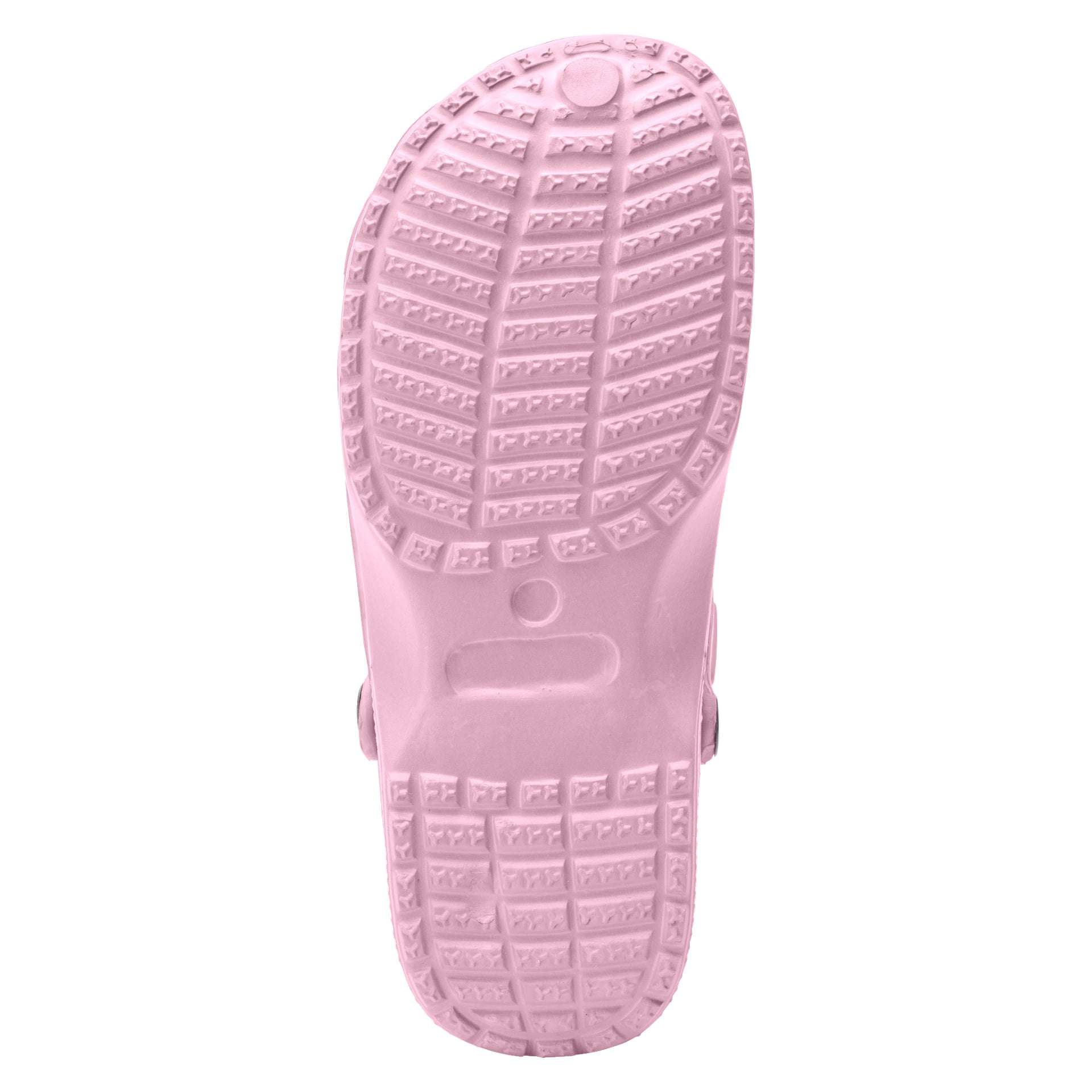Fotot visar undersidan av rosa Kayoba Outdoor Slippers designade för barn, med framhävning av en hållbar sula med mönstrade mönster och texturerade spår som förbättrar greppet.