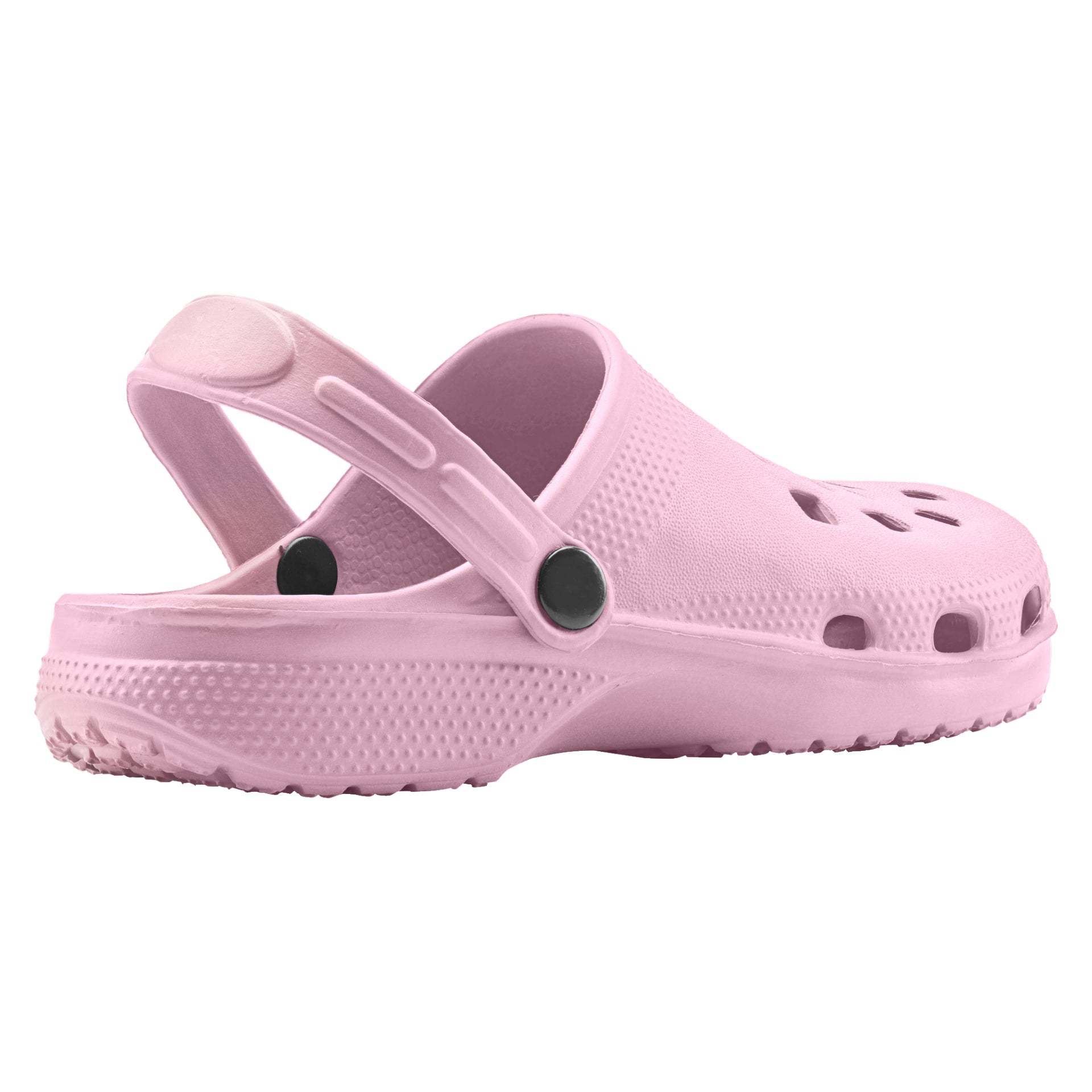 En ljusrosa Kayoba Outdoor "Slippers children" gummipropp visas från sidan, placerad till höger. Den har en texturerad botten, flera ventilationshål på ovansidan och en justerbar hälrem.