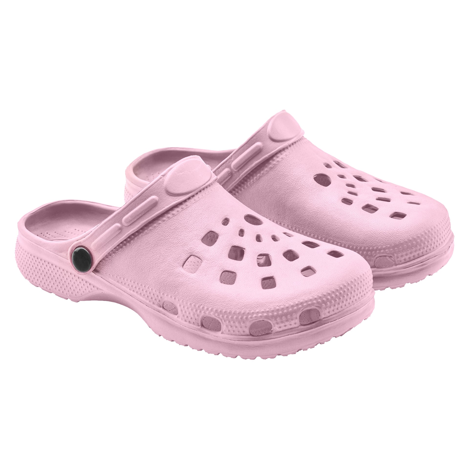 Ett par rosa Kayoba Outdoor gummitofflor för barn med ventilationshål ovanpå, justerbara hälarmar och texturerade sulor, placerade sida vid sida.