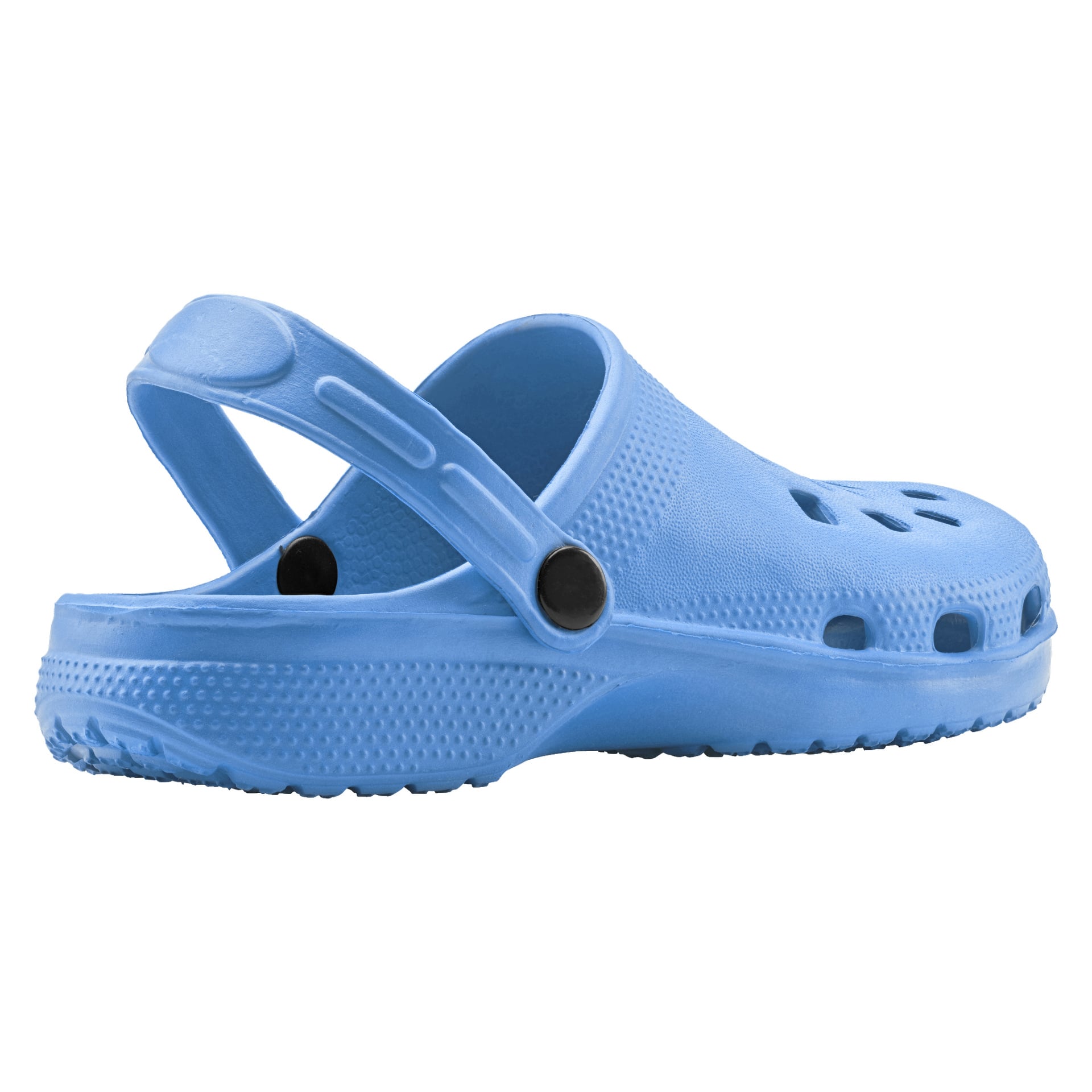 En ljusblå Kayoba Outdoor "Slippers barn" gummipropp visas i sidoprofil, med en ryggrem och flera ventilationshål på toppen och sidorna.