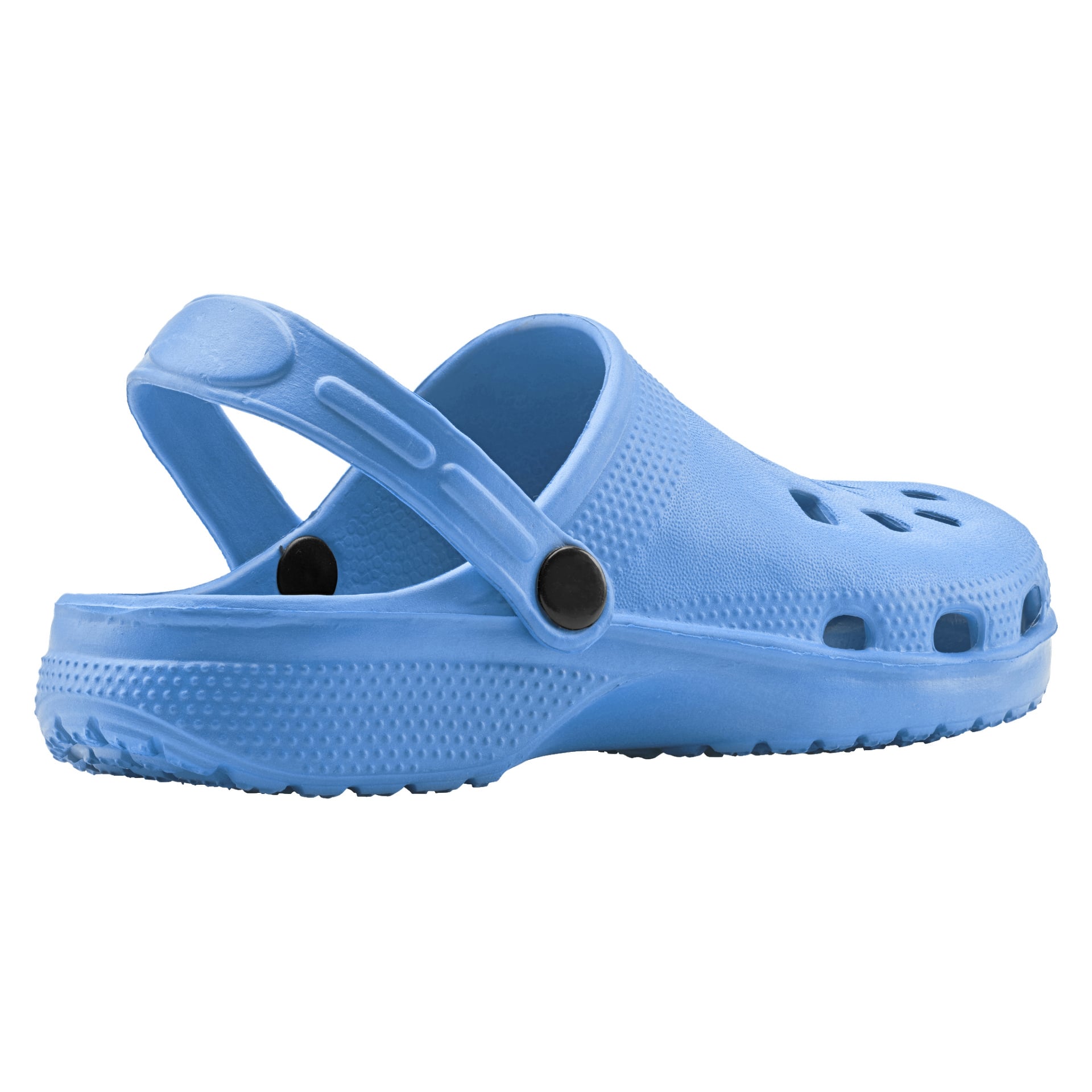 Ett par ljusblå Kayoba Outdoor barntofflor gjorda av gummi, med ventilationshål, en ryggrem och texturerade sulor. Skorna visas från sidan.