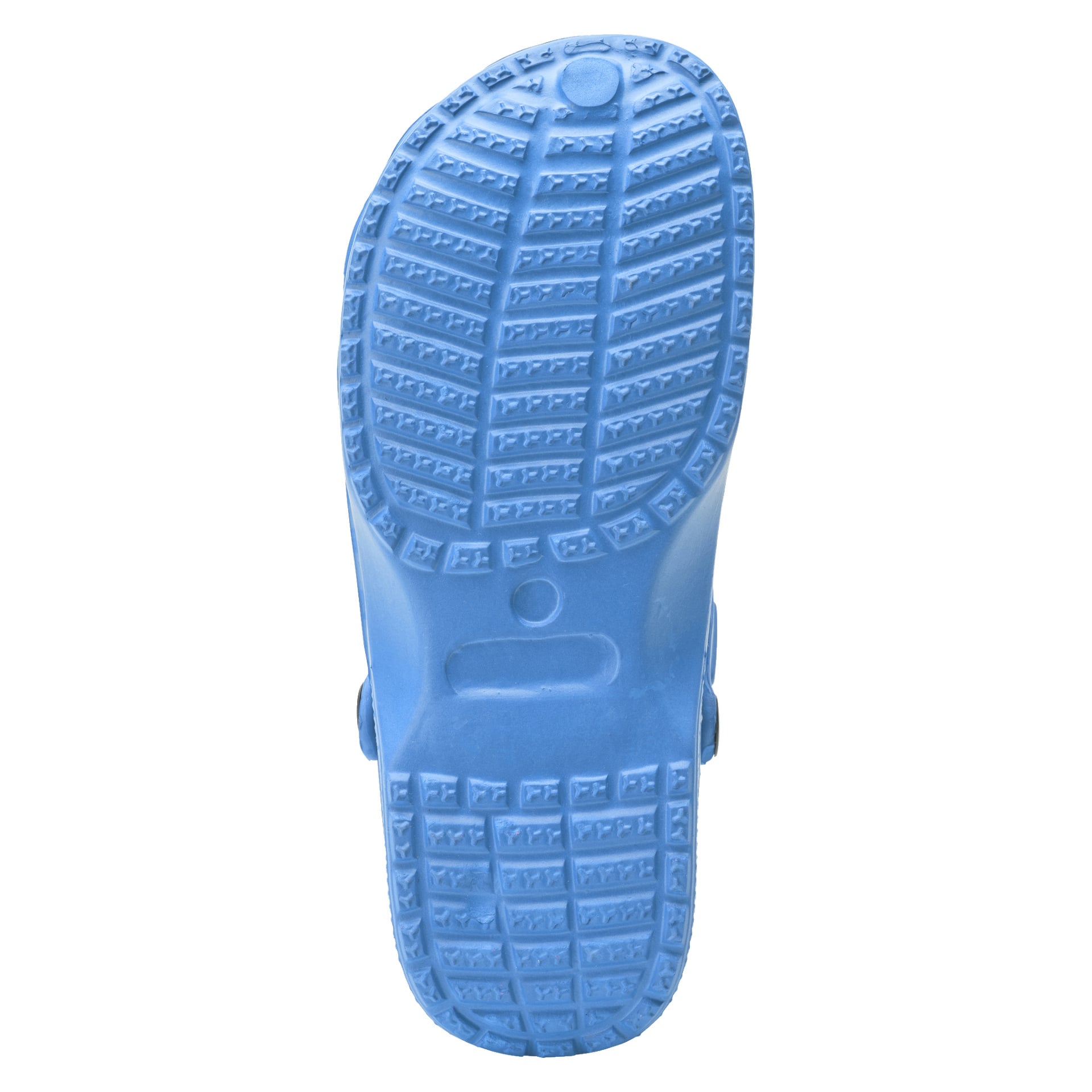 Detaljerad närbild av sulan på Kayoba Outdoor Slippers för barn, med en blå yta och ett rutnätsmönster bestående av rektangulära och fyrkantiga sektioner för grepp. Sulan är gjord av gummi eller ett gummiliknande material.