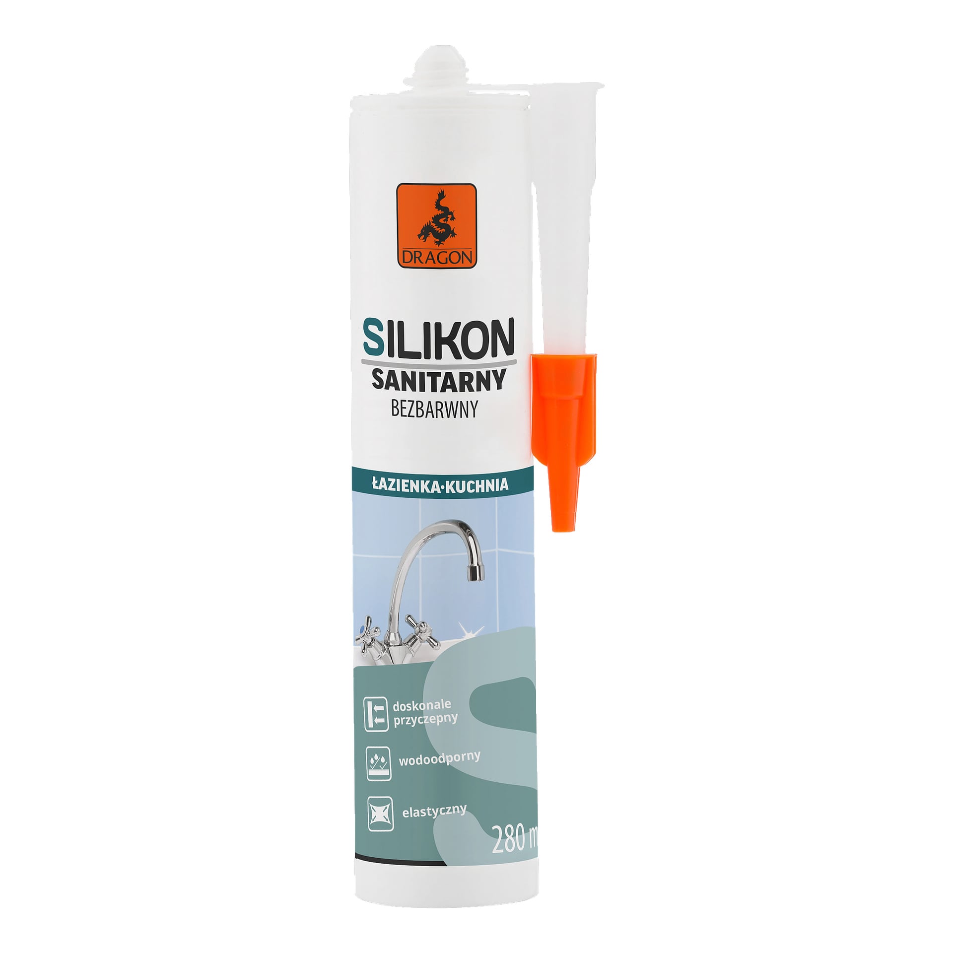 Tubka silikonu Dragon Sanitary o pojemności 280 ml, przeznaczona do zastosowań w łazienkach i kuchniach, zawiera pomarańczową dyszę. Opakowanie prezentuje ikony podkreślające jego silną przyczepność, wodoodporność i elastyczność.