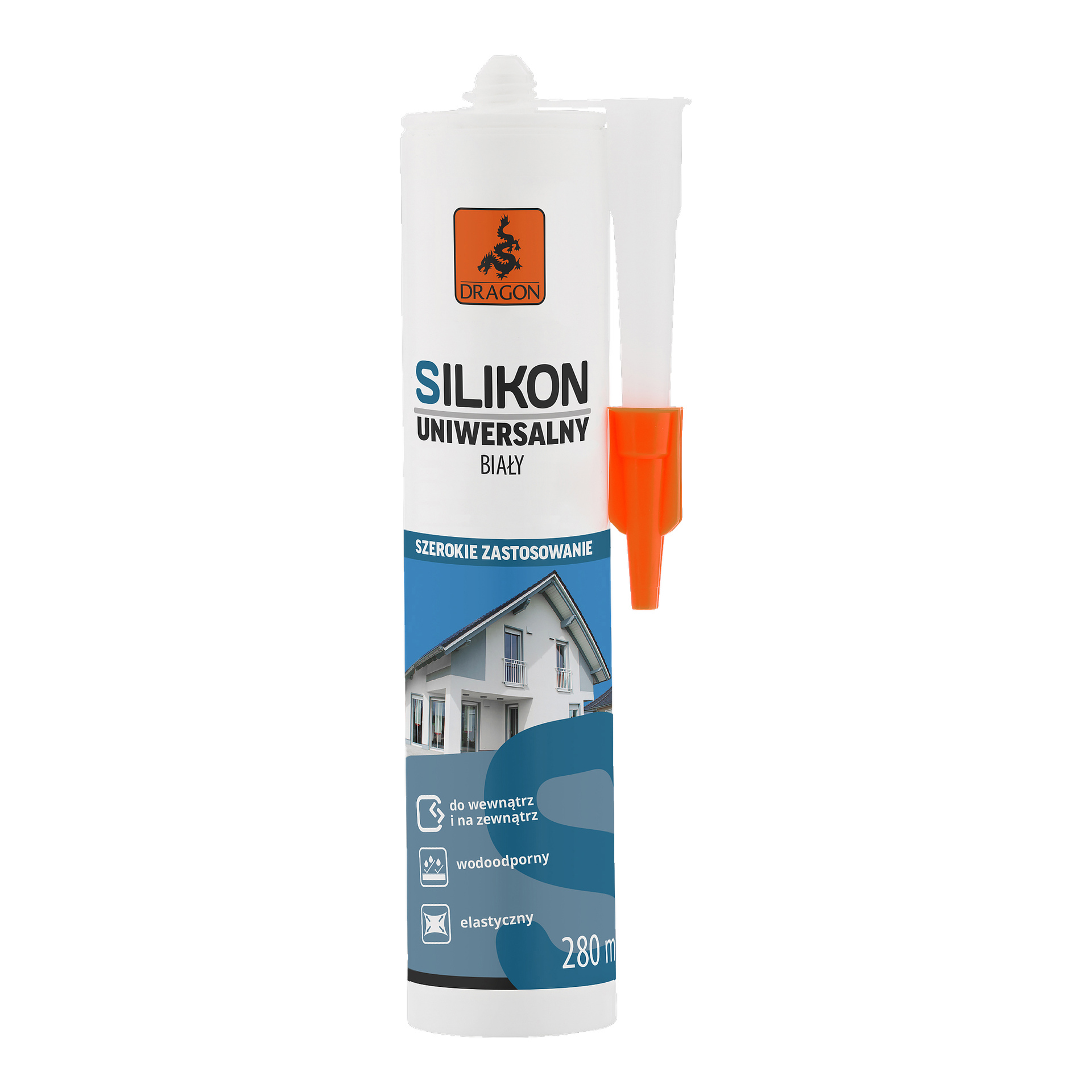 280 ml biała tuba silikonowa Dragon Universal z pomarańczową dyszą, z ikonami do zastosowań wewnętrznych i zewnętrznych, wodoodpornymi i elastycznymi elementami oraz rysunkiem domu na opakowaniu.