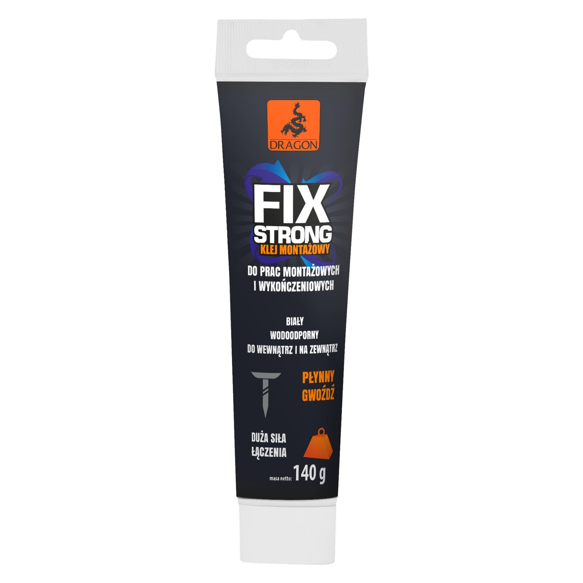 Tubka superglue Fix Strong od Dragon. Opakowanie jest czarne z pomarańczowo-białym napisem, z pomarańczowym smokiem na górze. Tubka zawiera 140 gramów wodoodpornego kleju montażowego.