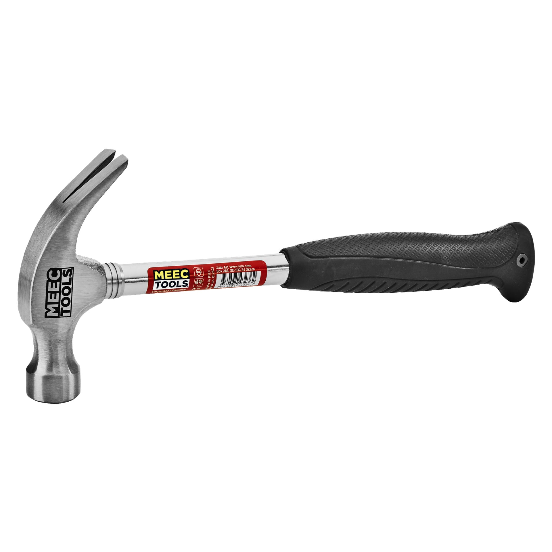 Młot stolarski Meec Tools z srebrną metalową głowicą, czarną teksturowaną rękojeścią i czerwoną etykietą Meec Tools na trzonku.