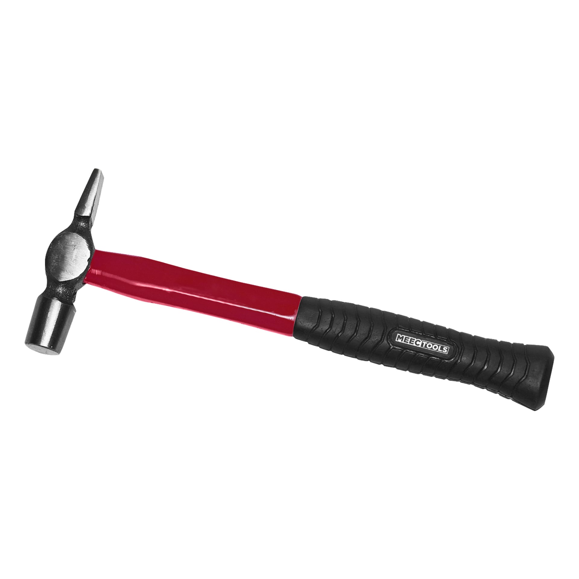 Młotek z krzyżowym pierścieniem firmy Meec Tools z czerwoną metalową rękojeścią i czarną teksturą chwytu. Na rękojeści widnieje etykieta "Meec Tools", a główka młotka ma płaską powierzchnię uderzeniową po jednej stronie i poprzeczną pień na przeciwnym końcu.