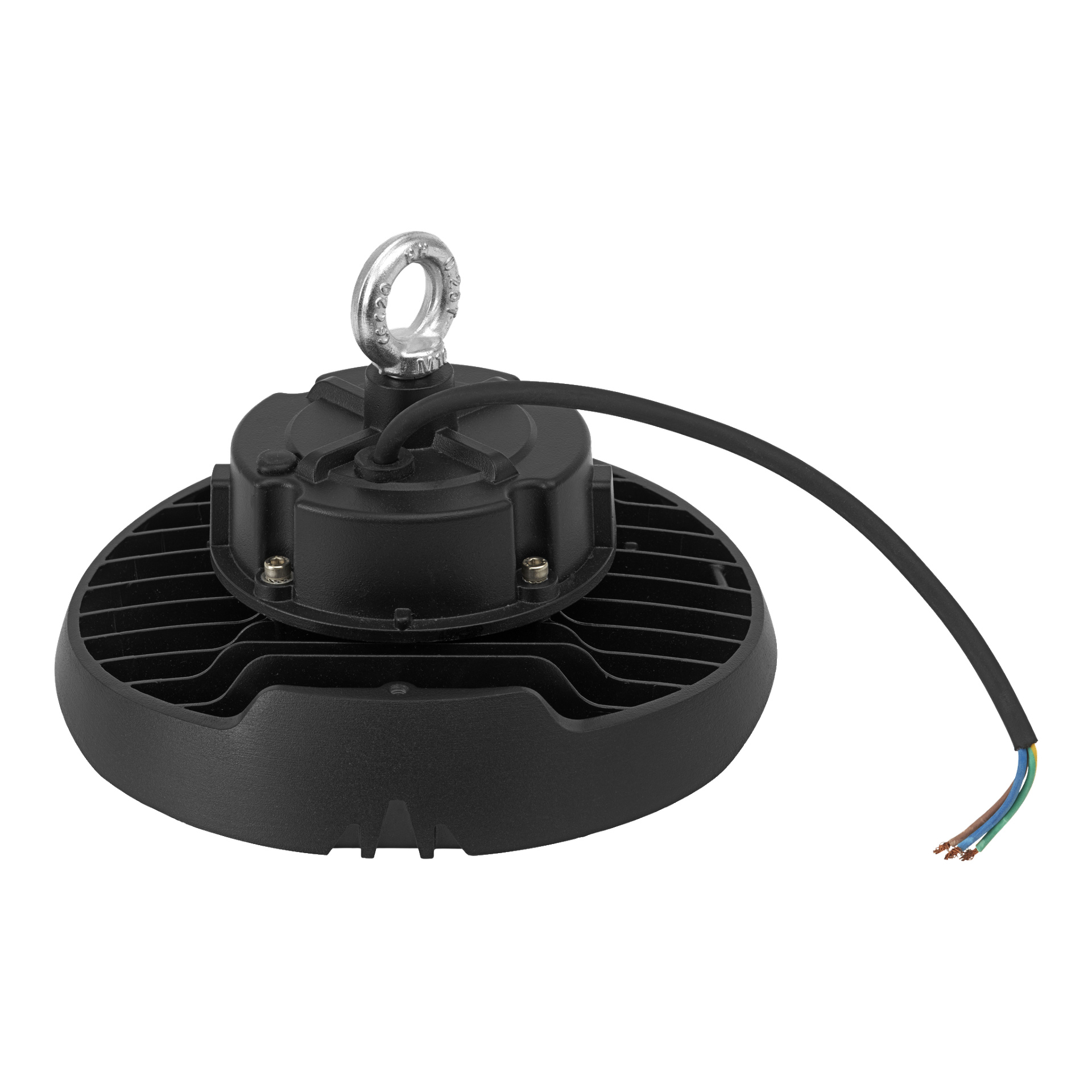 Anslut Industrials LED-lampa är en rund, svart industrilampa med en robust metallring upptill. En svart strömkabel sträcker sig från armaturen och slutar i tre synligt färgade kablar.