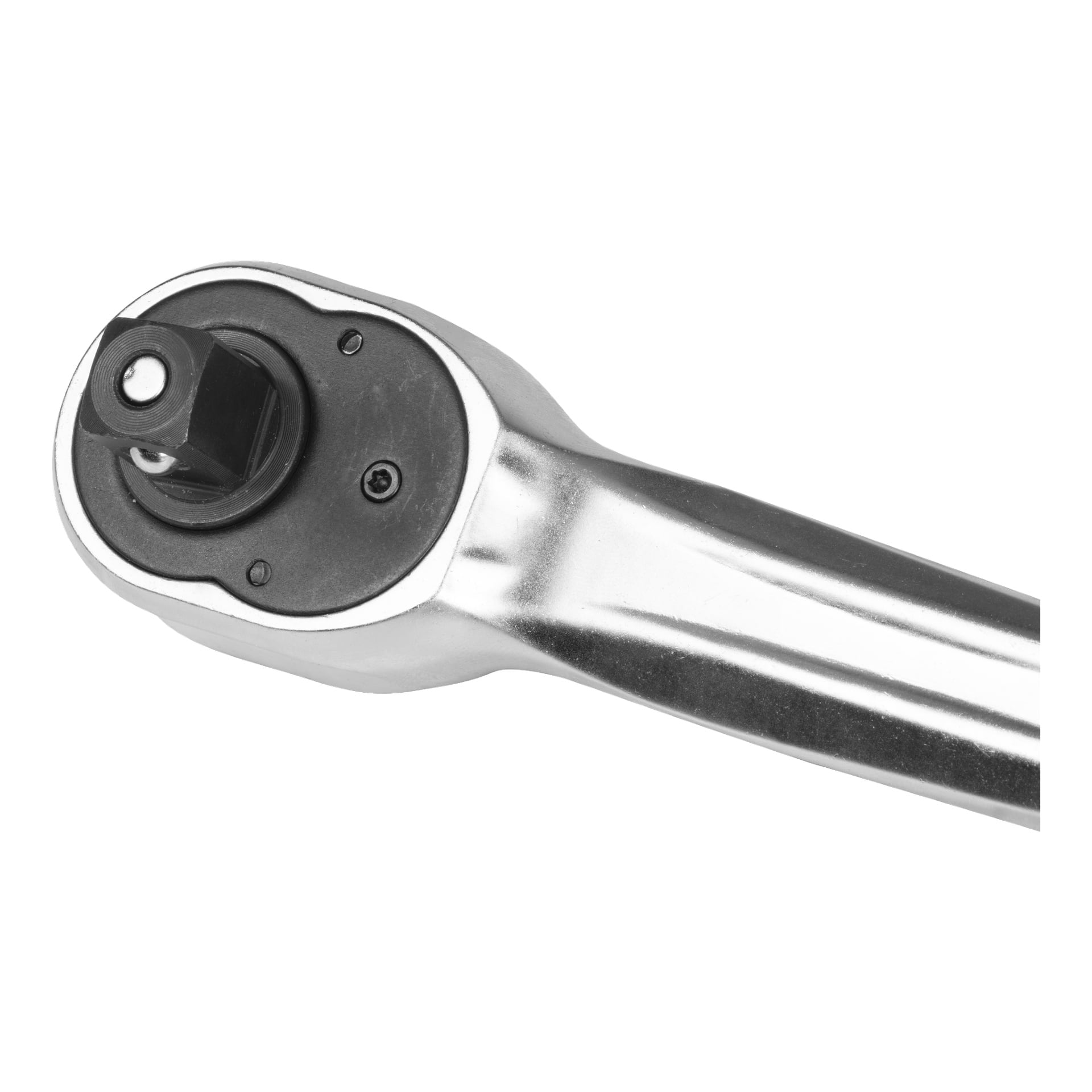 Detaljerad närbild av Meec Tools 16-delade hylsset, som framhäver metallspärrnyckeln med dess svarta cirkulära drivning och fyrkantiga hylsöppning, inklusive en delvis vy av handtaget och synliga monteringsskruvar.