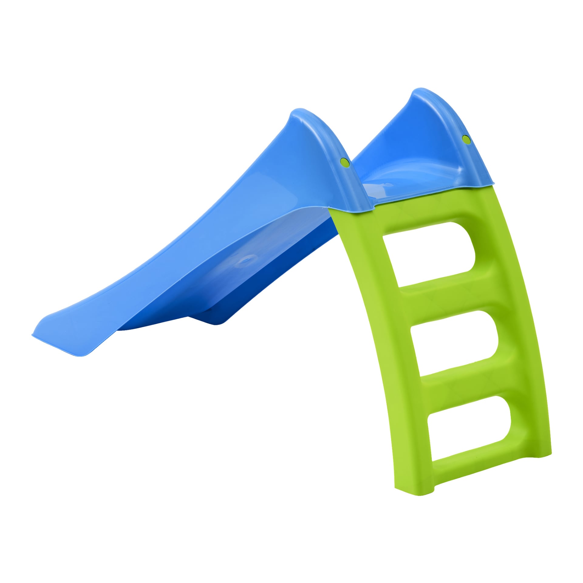 Kayoba Slide er en kompakt plastsklie med et blått skyveområde og grønne stigetrinn, laget for små barn.
