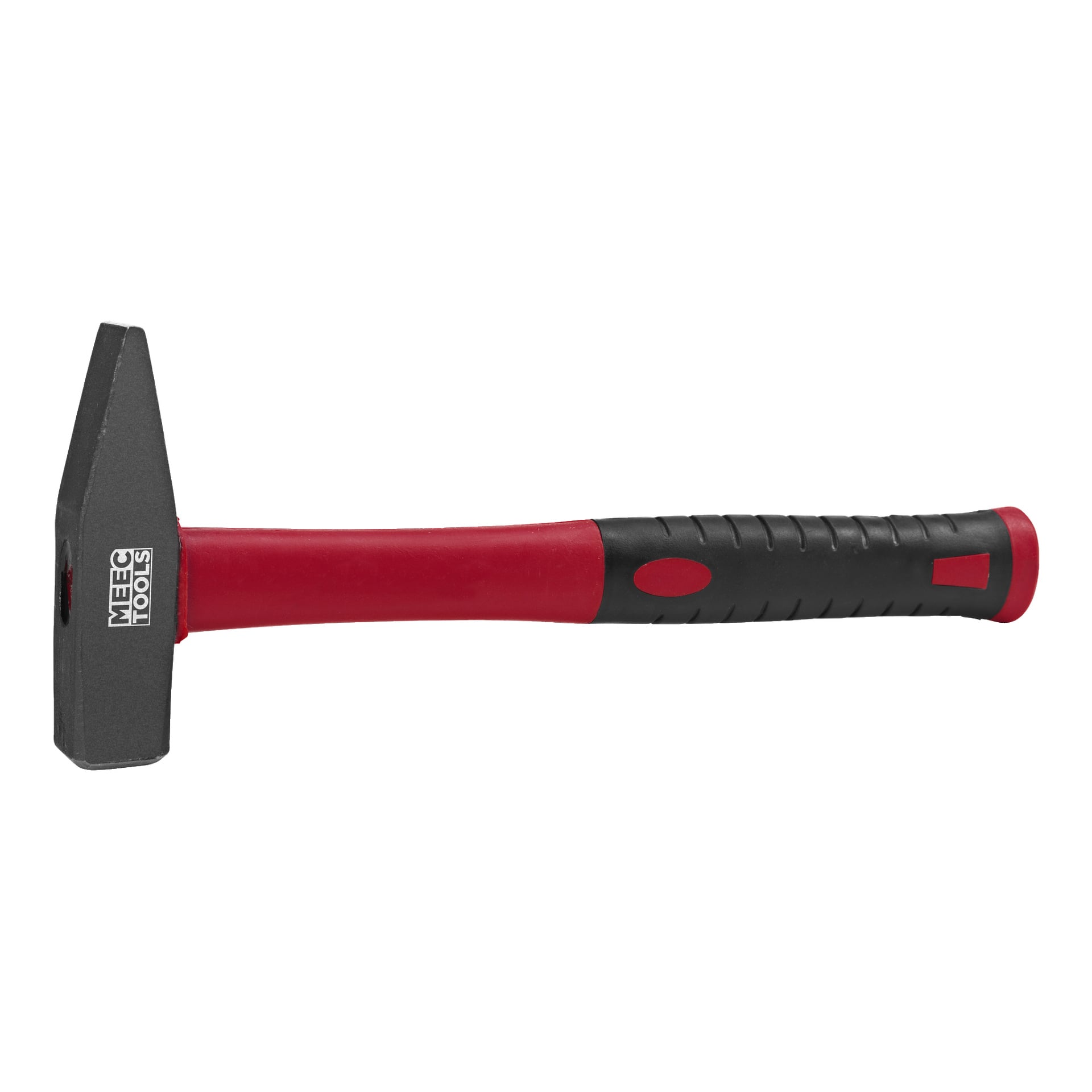 En Meec Tools bänkhammare med ett svart och rött gummihandtag som har texturerade greppytor och ett rektangulärt metallhuvud märkt "MEEC TOOLS" i vitt.
