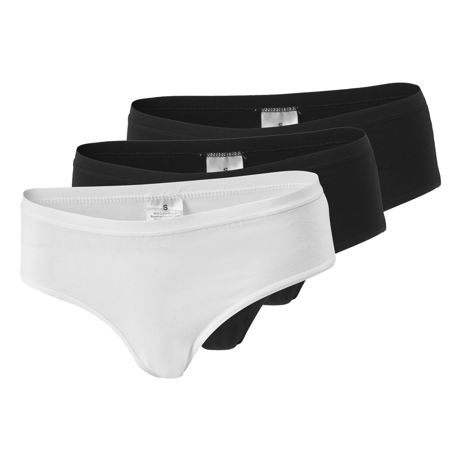 Drei Bluewear Panties, in einer Reihe angeordnet – zwei schwarze und eine weiße – jeweils mit einem sichtbaren weißen Etikett im Bund mit Größen- und Pflegedetails.
