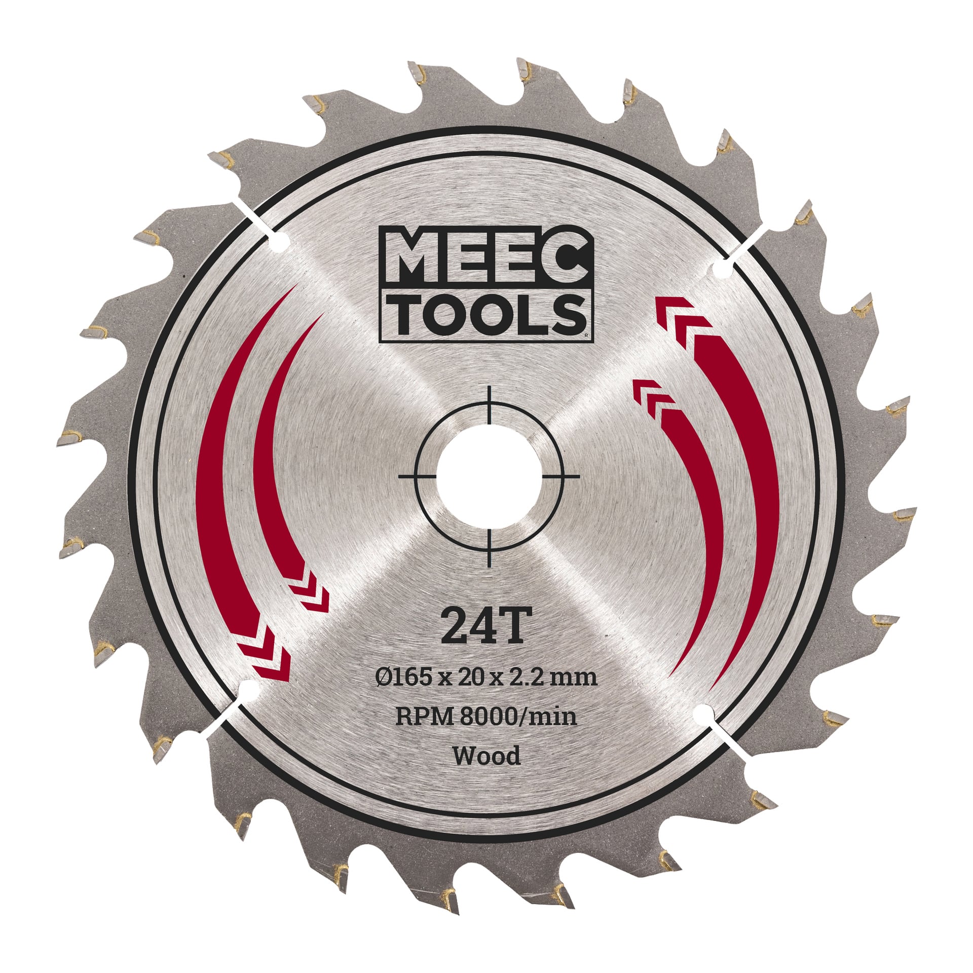 Ett Meec Tools-sågblad med 24 tänder, dimensionerat 165 x 20 x 2,2 mm, kapabelt att nå upp till 8000 varv per minut och avsett för att såga trä. Bladets framsida visar tekniska detaljer och röda markeringar.
