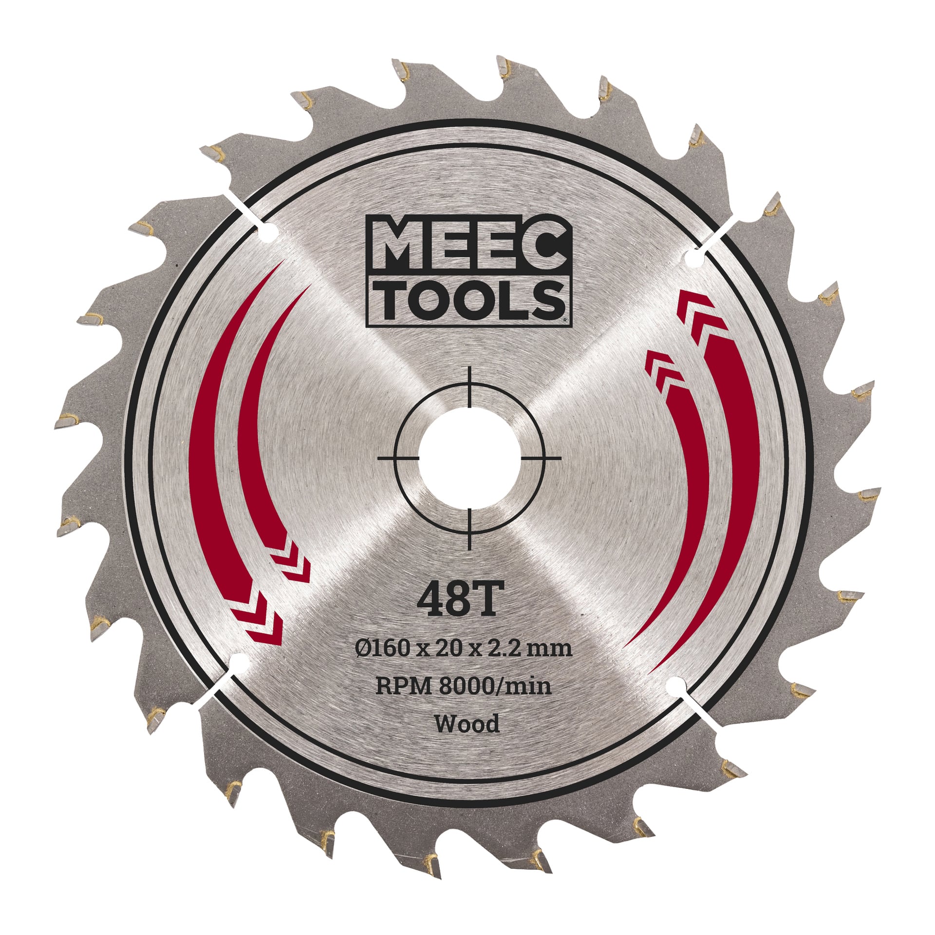 Ett metalliskt lackat Meec Tools-sågblad visar upp 48 vassa tänder och iögonfallande röda detaljer. Byggd för träarbete, är den märkt med Ø160 x 2,2 mm mått, klarar upp till 8000 varv/min och har ett centralt hål för montering.