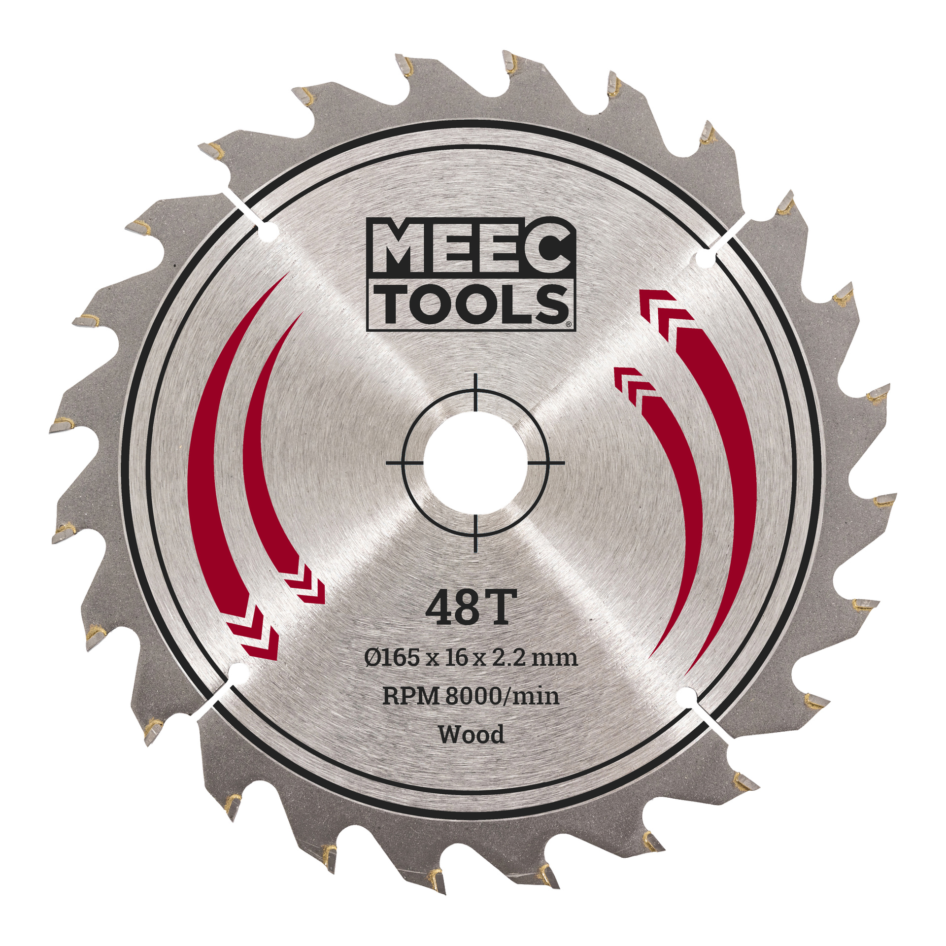 Ett Meec Tools-sågblad med 48 tänder, märkt 0165 x 16 x 2,2 mm och dimensionerat för hastigheter upp till 8000 varv per minut, avsett för att såga trä. Bladet har röda dekorativa detaljer och ett runt centralt monteringshål.