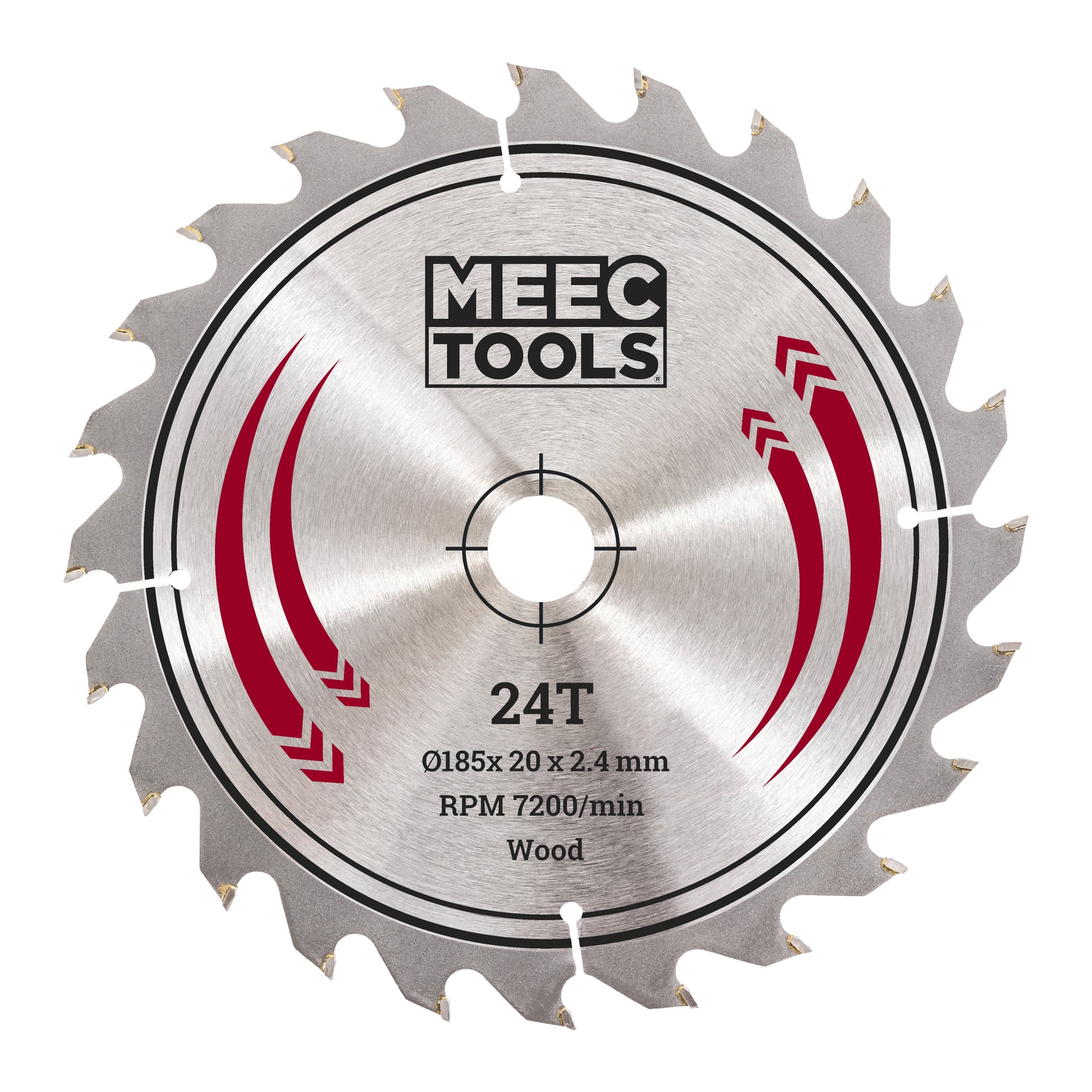 Ett Meec Tools cirkelsågsblad med 24 tänder, en diameter på 185 mm, ett 20 mm arborhål och en tjocklek på 2,4 mm. Lämpligt för att såga trä i hastigheter upp till 7200 varv per minut, har bladets metallyta röda och svarta markeringar.