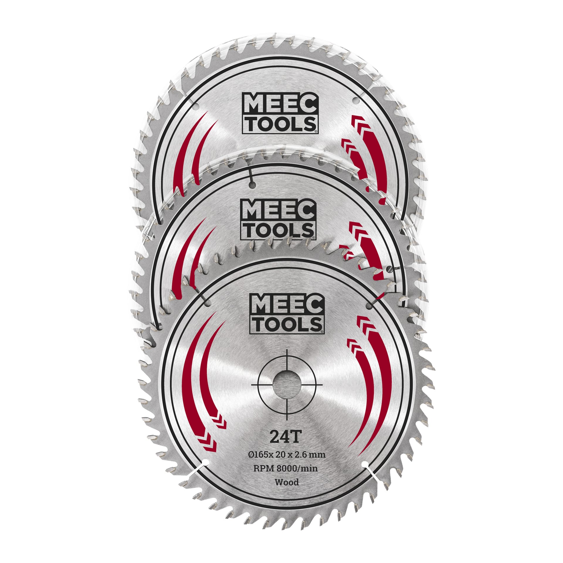 Tre Meec Tools cirkelsågsblad är arrangerade i en förskjuten stapel. Alla tre bladen i setet har 24T-märkning, träsnittsdetaljer och vassa tänder med röda detaljer.