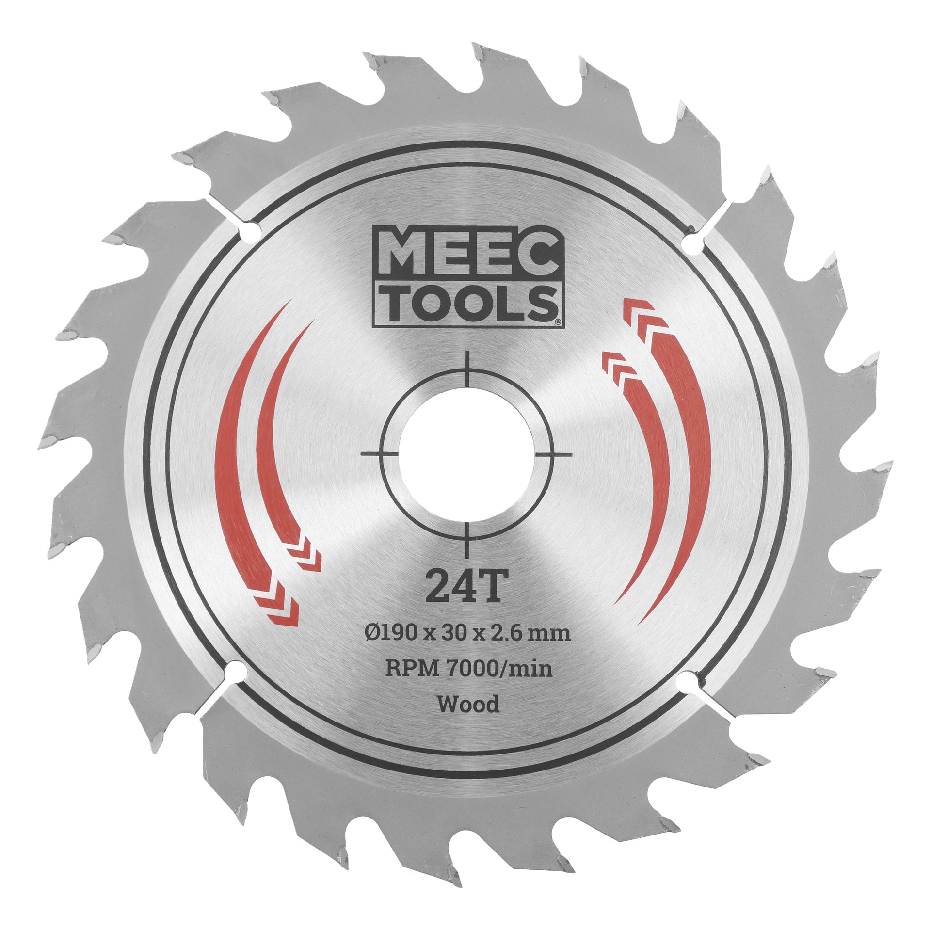 Meec Tools geringssågblad med 24 tänder, 190x30x2,6 mm, upp till 7000 varv per minut, för trä; silverfärgad yta med röda markeringar.