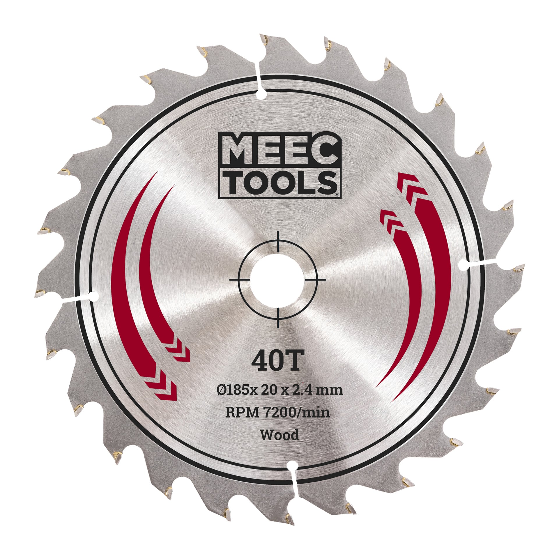 Ett Meec Tools-sågblad med 40 tänder och måtten 185x20x2,4 mm, lämpligt för träsåg och klassat för 7200 varv per minut. Bladet visar röda markeringar och har jämnt fördelade cirkulära hål nära navet.