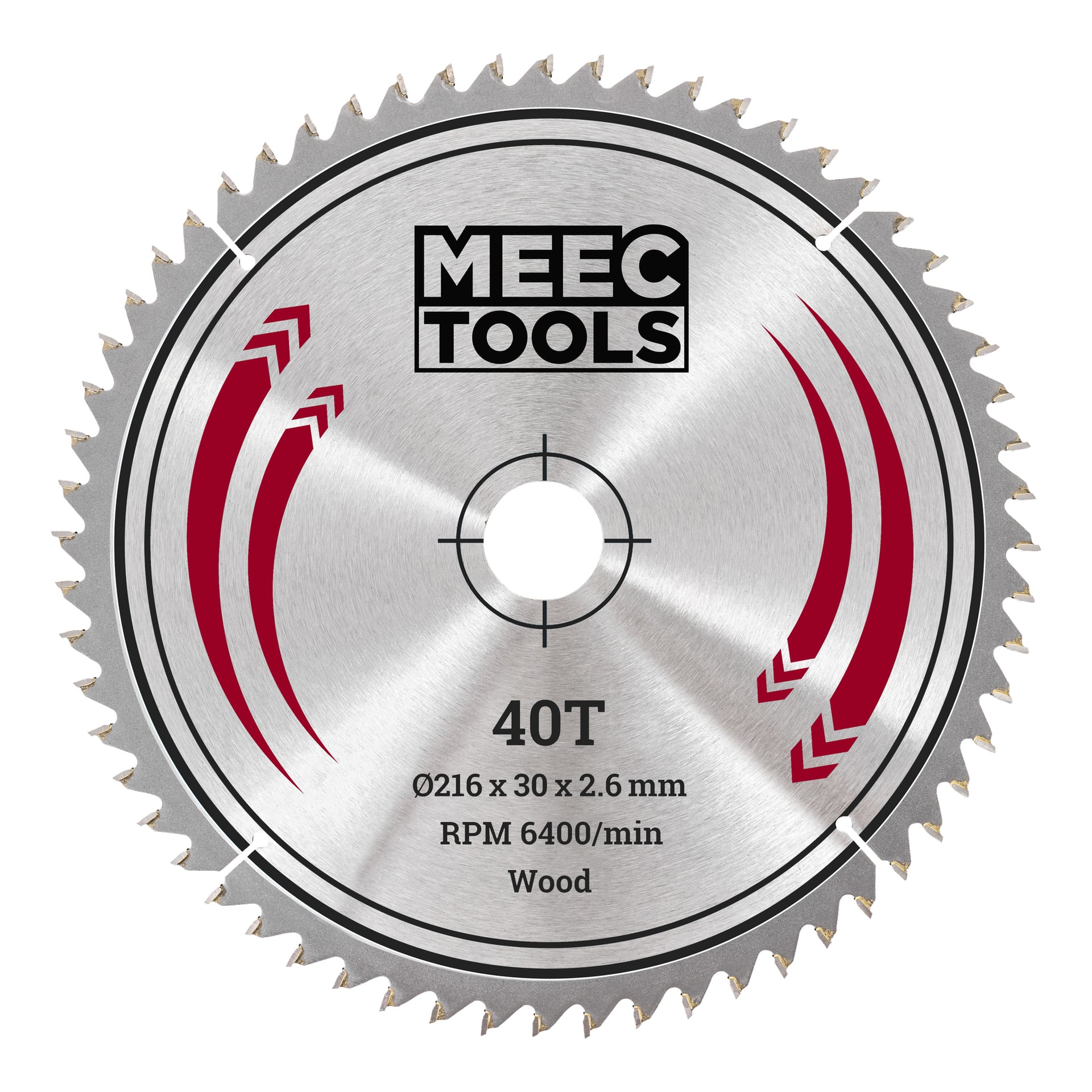 Ett Meec Tools-sågblad avsett för att såga trä, med 40 tänder, med vidder på 216 x 30 x 2,6 mm, ett centralt hål, röd detaljering och en maximal rotationshastighet på 6400 varv per minut.