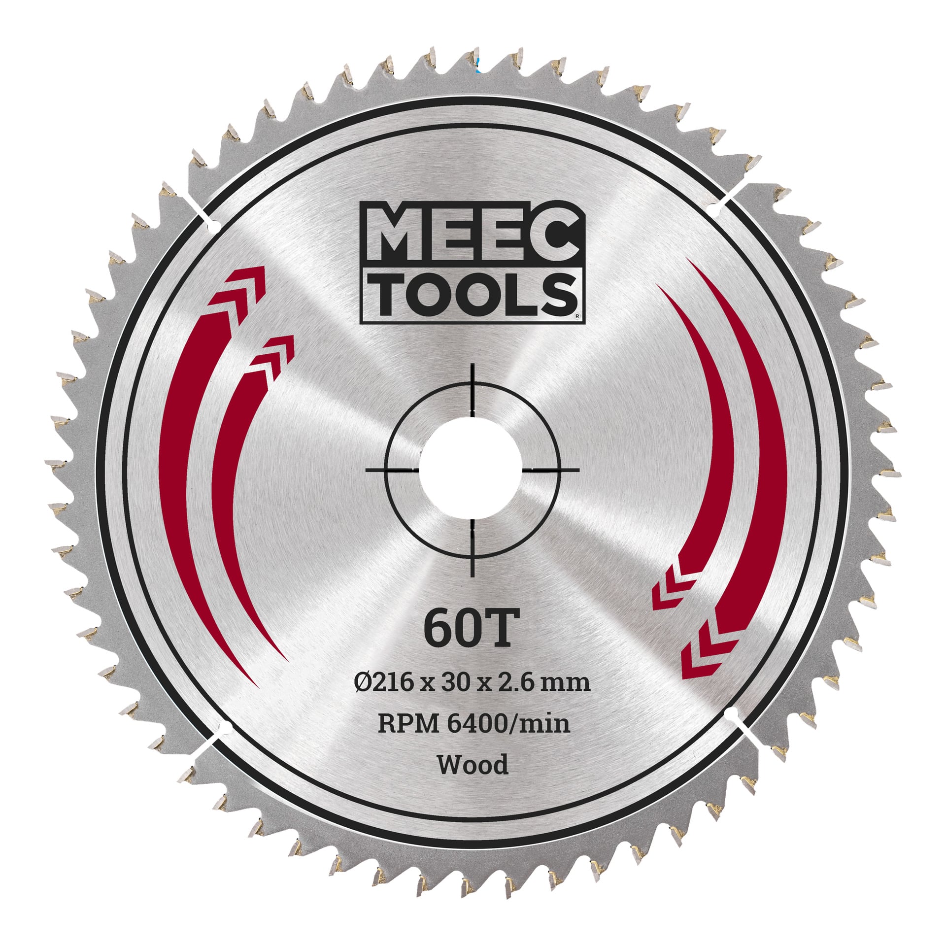 Ett 60-tandat Meec Tools-sågblad, märkt Ø216 x 30 x 2,6 mm och lämpligt för upp till 6400 varv per minut, avsett för att såga trä. Bladet visar röda grafiska detaljer och har ett centralt hål för montering.