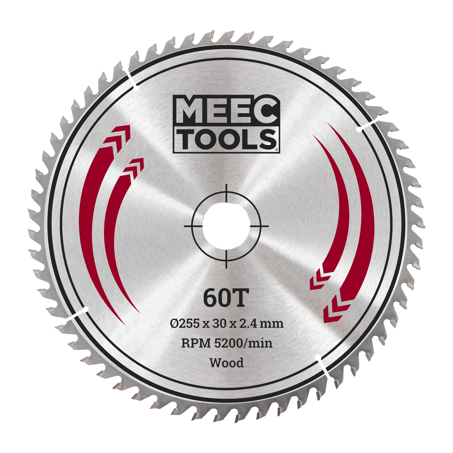 Meec Tools sågblad har 60 tänder, måtten 255 x 30 x 2,4 mm, en maxhastighet på 5200 varv per minut och är designad för att såga trä. Dess silverfärgade kropp framhävs med djärva röda detaljer.