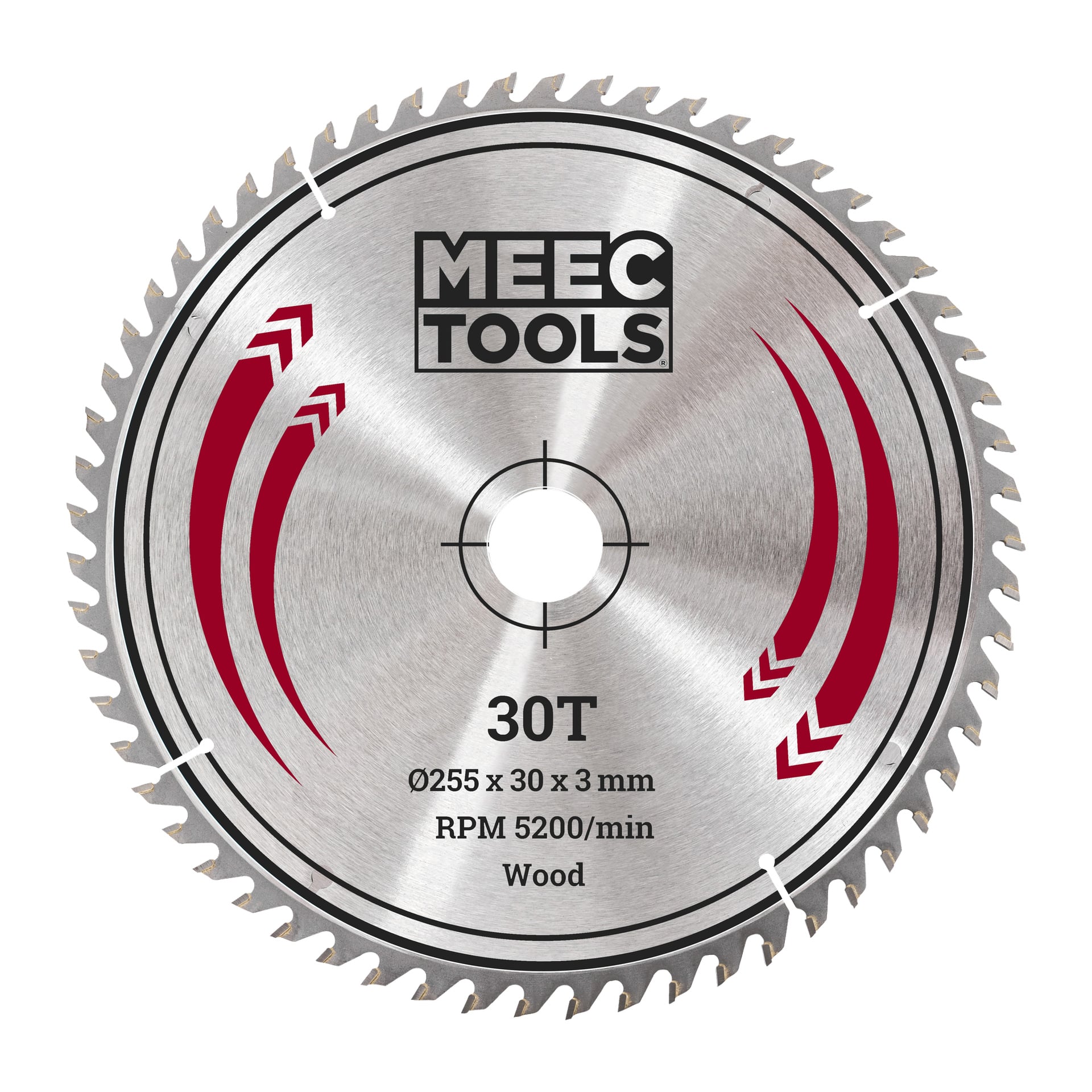 Meec Tools-sågbladet har 30 spetsiga tänder, mäter 255 mm i diameter med en 30 mm central öppning och har en tjocklek på 3 mm. Lämplig för att såga trä i hastigheter upp till 5200 varv per minut, är den markerad med röd detaljering.