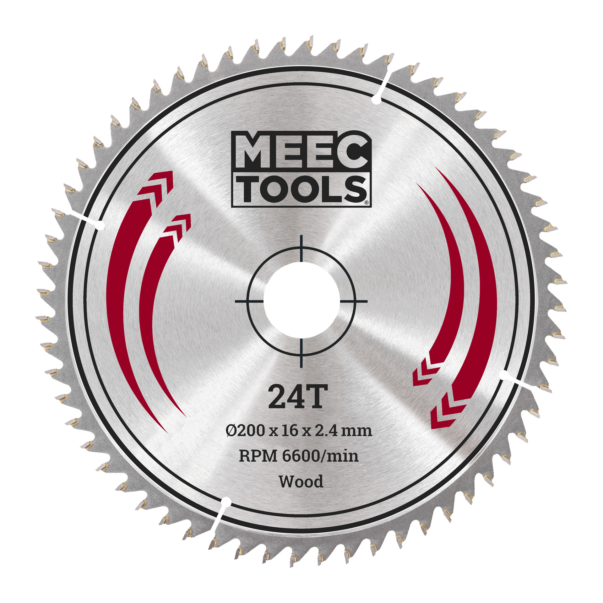 Ett Meec Tools träsågblad med 24 tänder och röda detaljer, i storlekarna 200 x 16 x 2,4 mm, har en central monteringsöppning och är klassad för hastigheter upp till 6600 varv per minut.