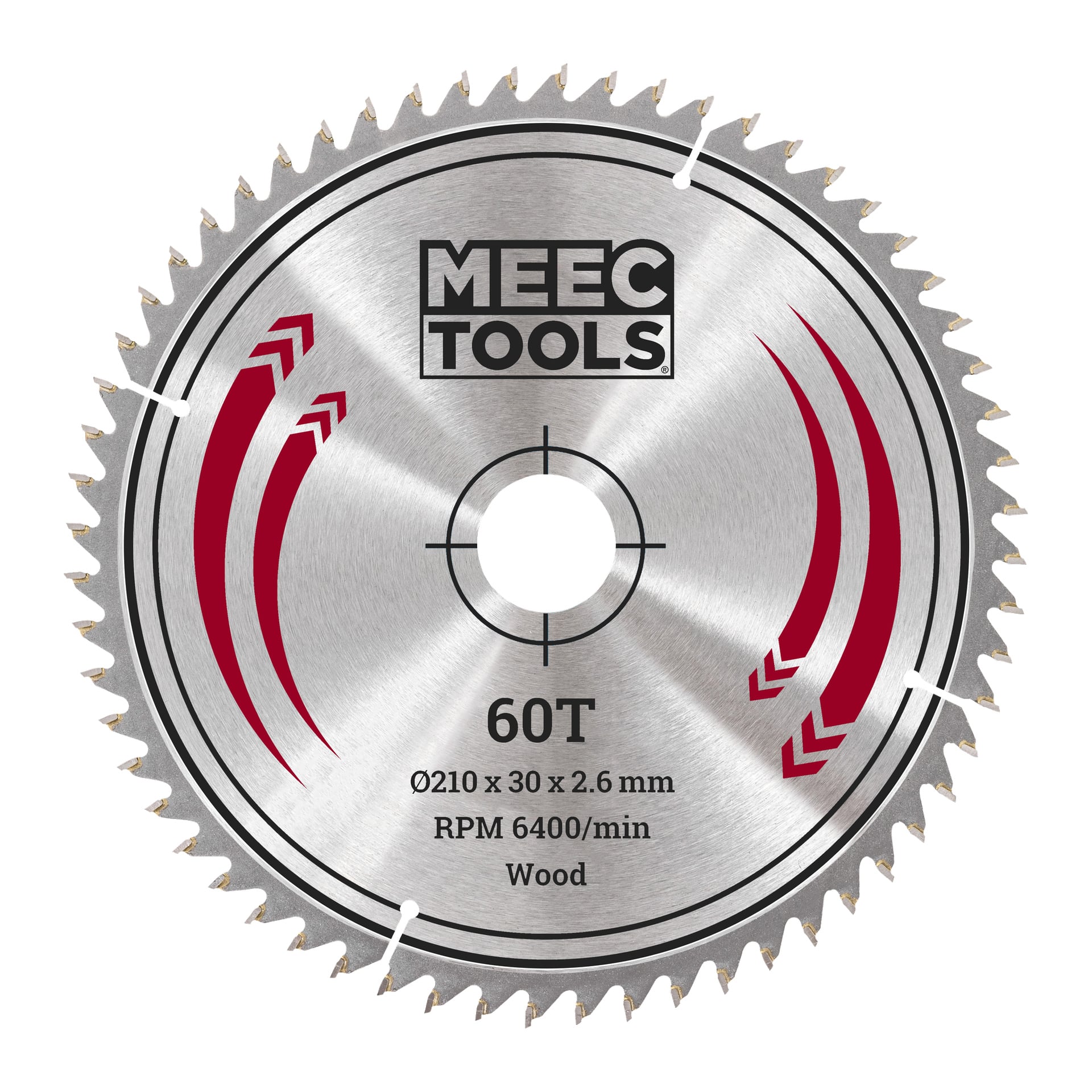Ett Meec Tools-sågblad med 60 vassa tänder visas, med en diameter på 210 mm med ett hål på 30 mm i mitten och en tjocklek på 2,6 mm. Lämplig för att såga trä och stöder hastigheter upp till 6400 varv per minut. Bladet har röda böjda detaljer och en måltavla på ytan.