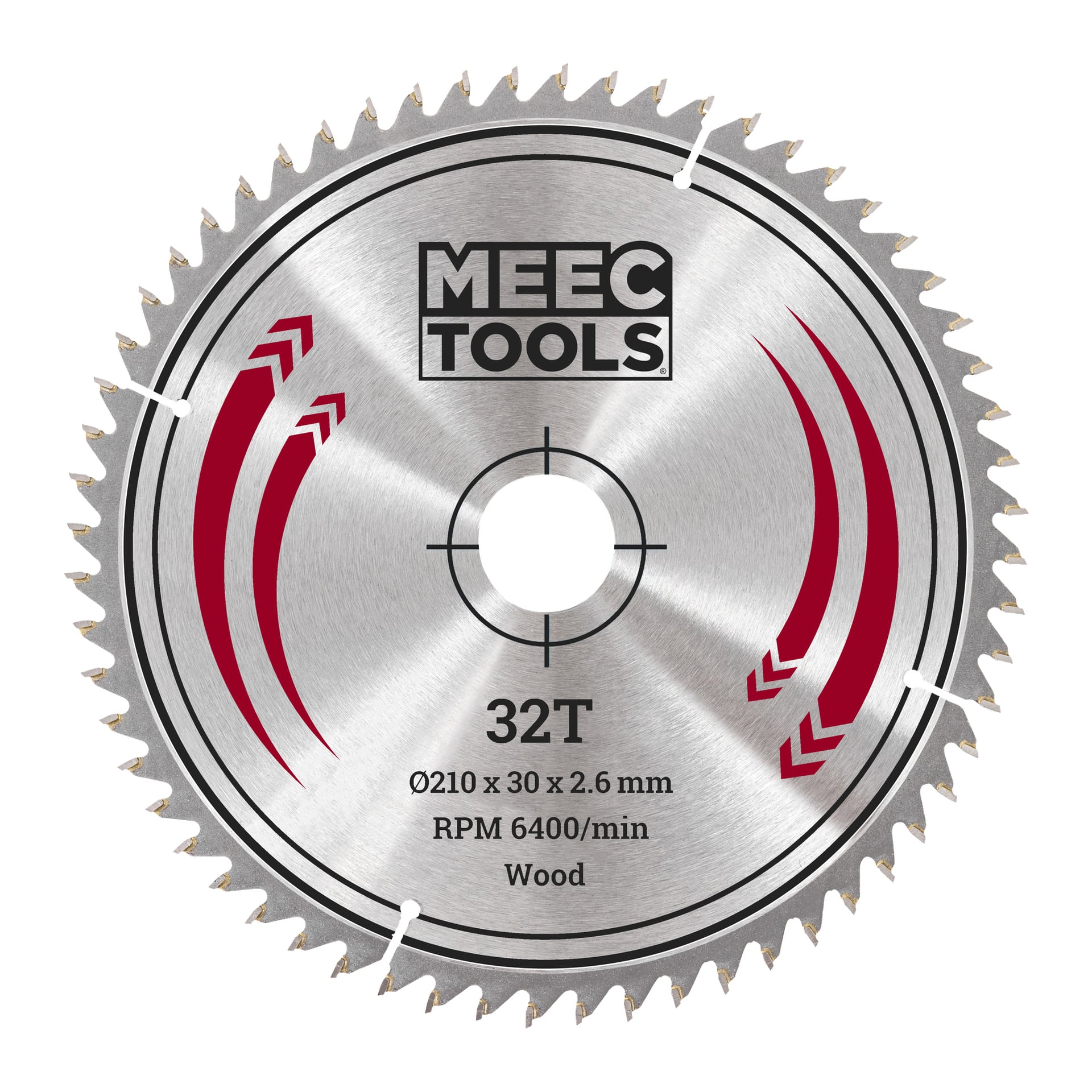 Ett Meec Tools träsågblad med 32 tänder, en diameter på 210 mm, 30 mm borr och 2,6 mm tjocklek visas. Bladet har röda markeringar och har ett centralt hål.