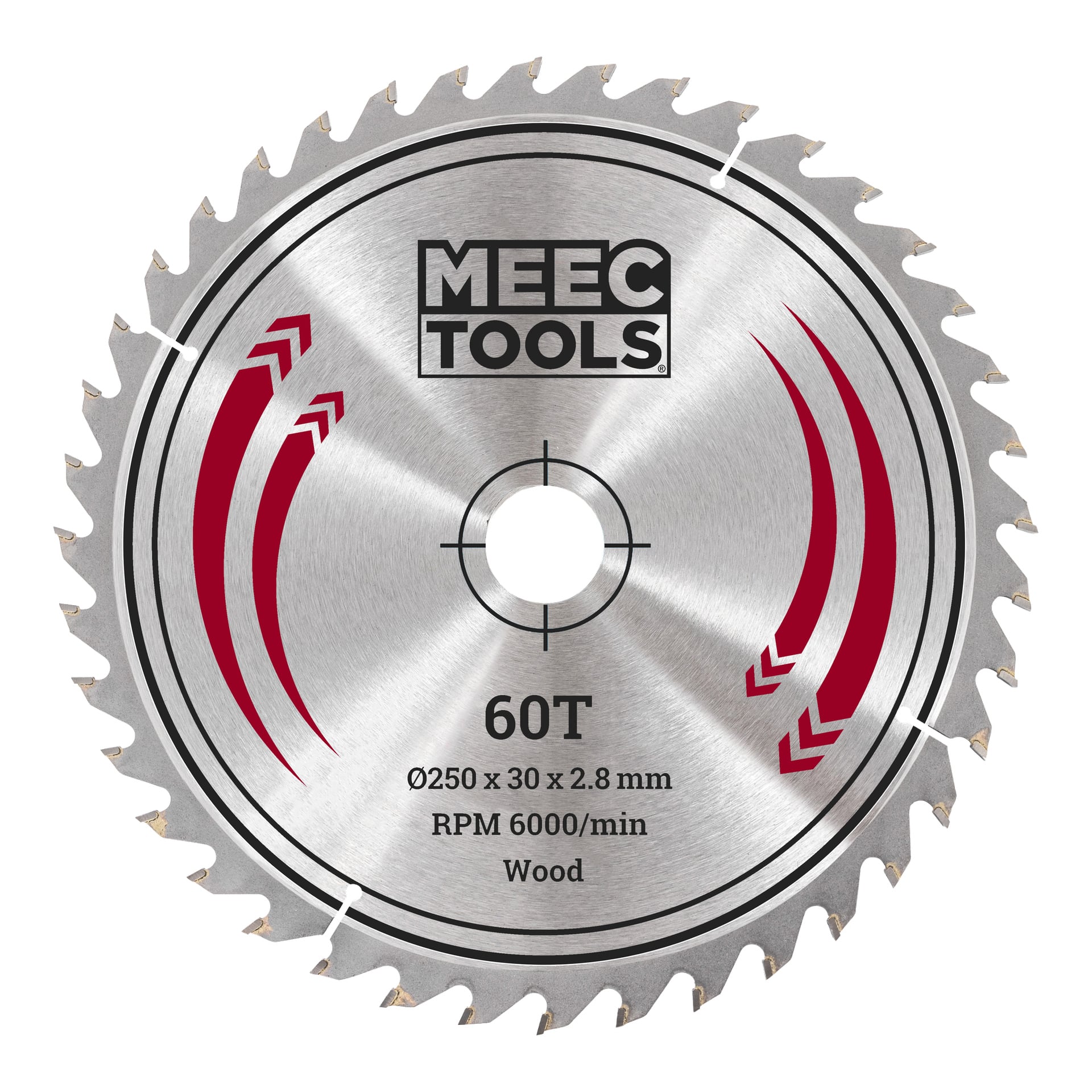 Meec Tools sågblad med 60 tänder, 250 mm diameter, 30 mm central borrning och tjocklek på 2,8 mm. Lämplig för att såga trä, har den en maxhastighet på 6000 varv per minut och är markerad med röda detaljer i designen.
