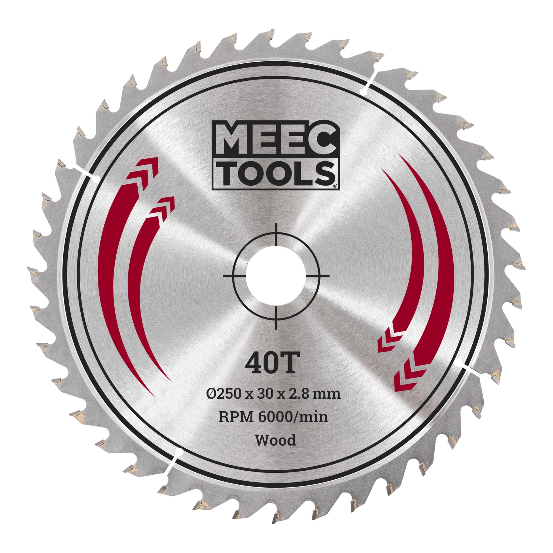 Ett Meec Tools cirkelsågblad med 40 tänder, storlekarna 250 x 30 x 2,8 mm, lämpligt för träsåg och kapabel att nå hastigheter upp till 6000 varv per minut. Bladet är märkt med röda detaljer och har en central öppning.